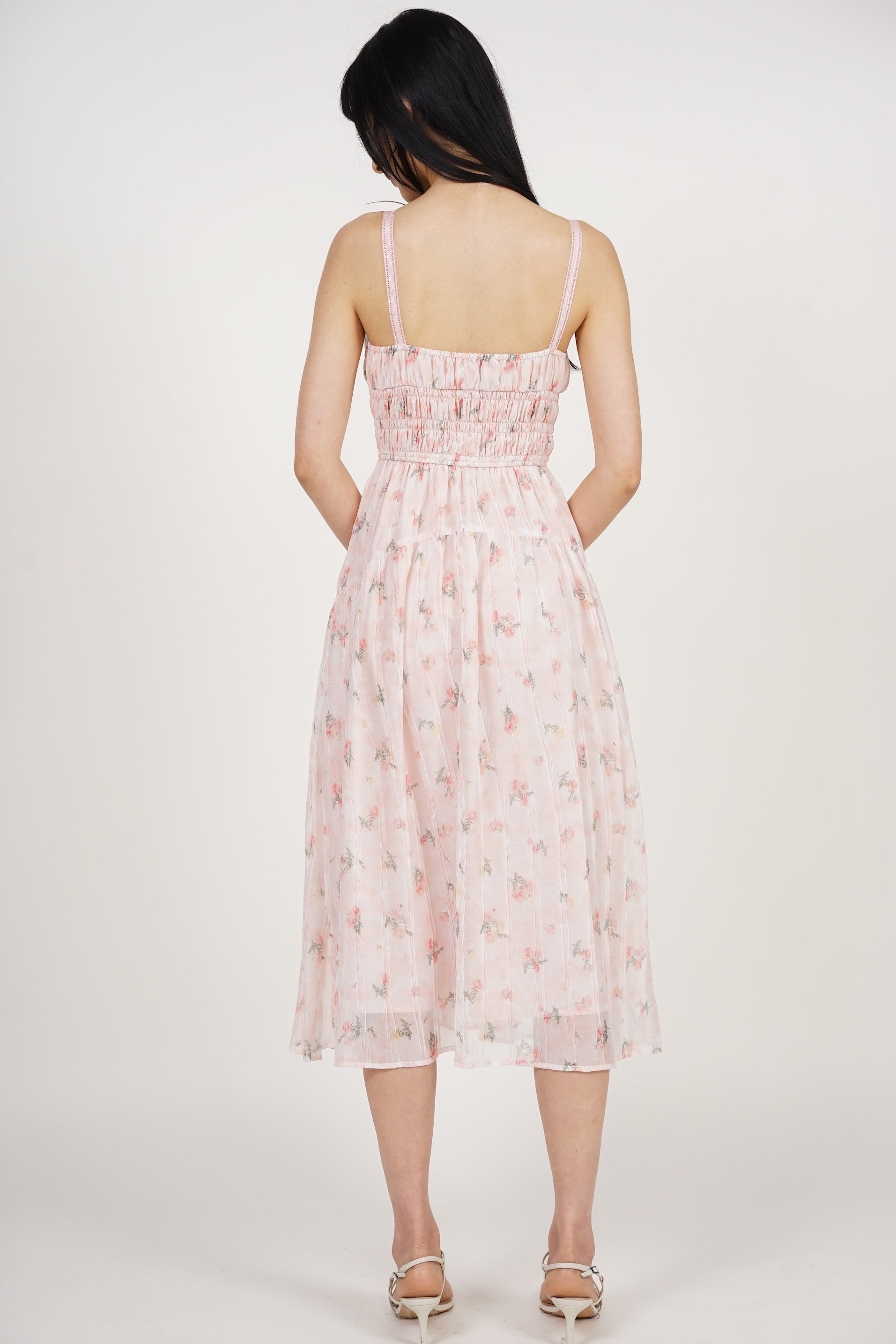 Sleeveless Smocked Flare Dress in Pink Floral