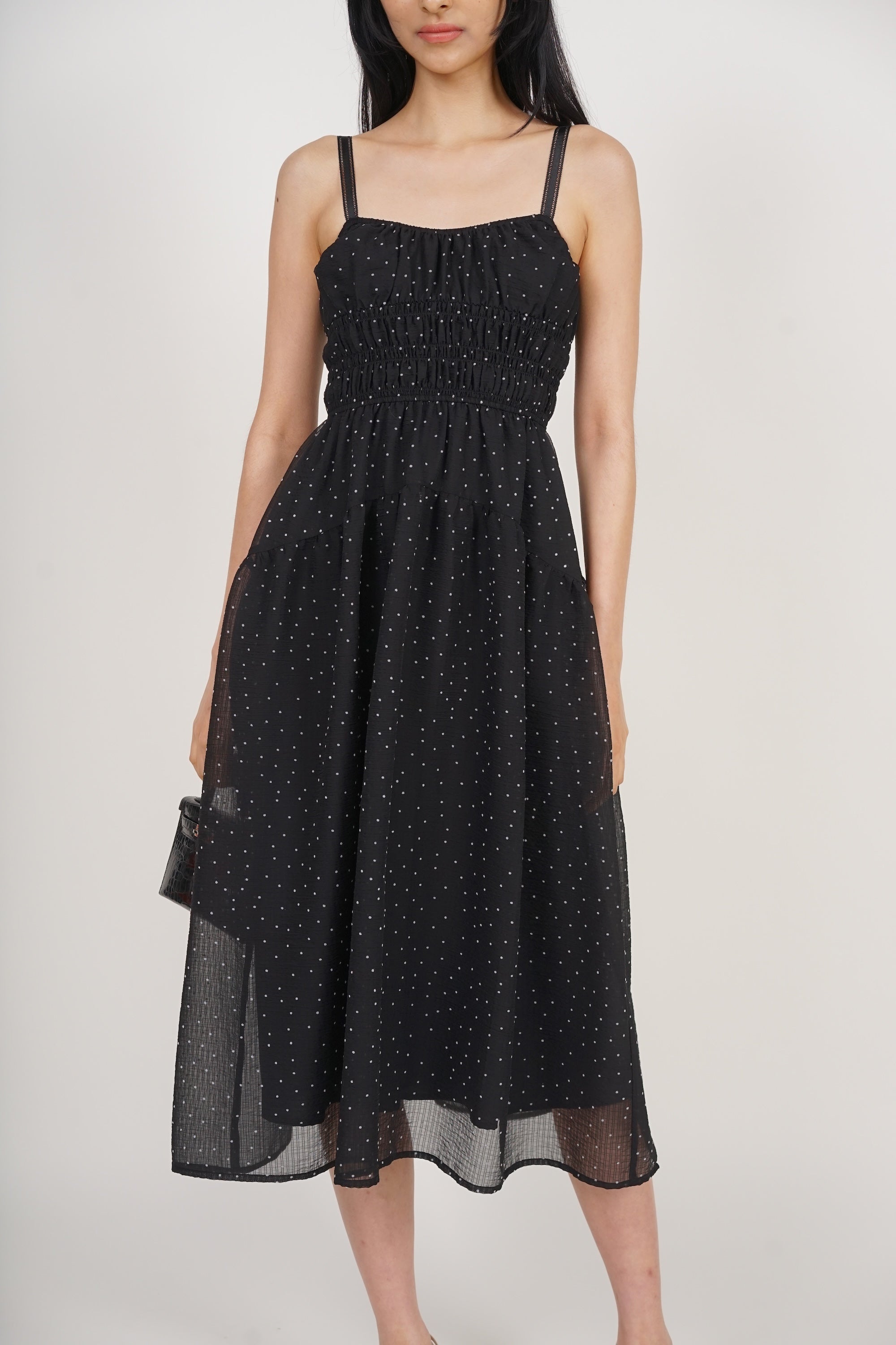 Sleeveless Smocked Flare Dress in Black White Polka Dots