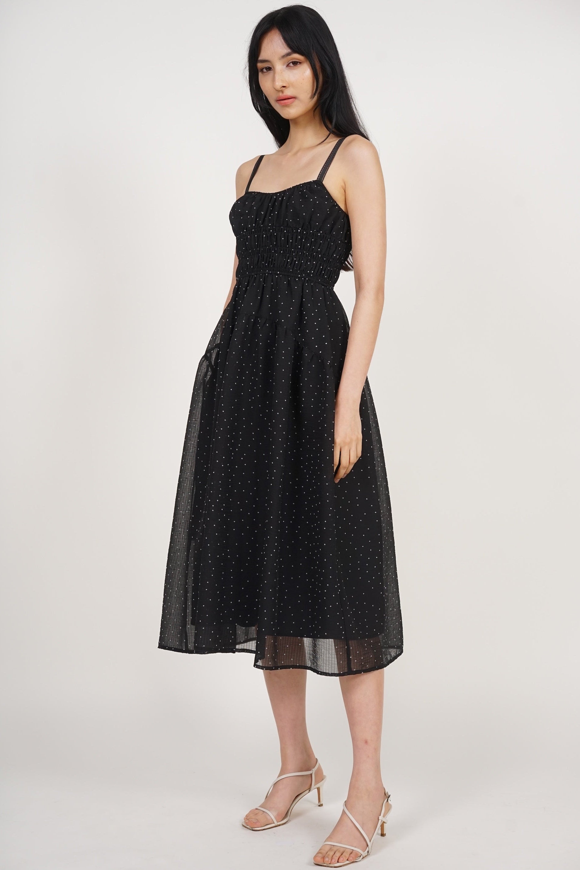 Sleeveless Smocked Flare Dress in Black White Polka Dots