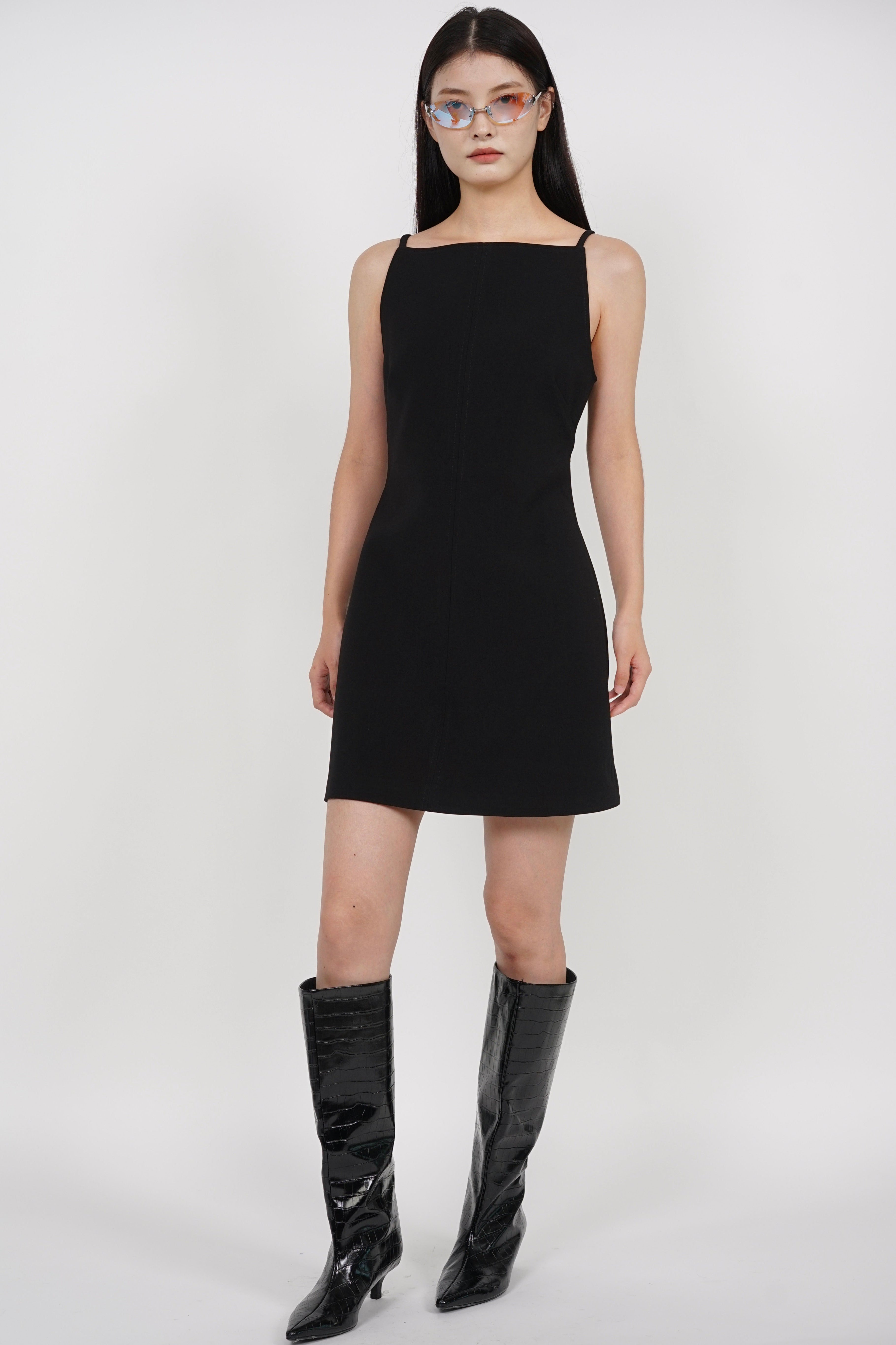 Boat Neck Mini Dress in Black