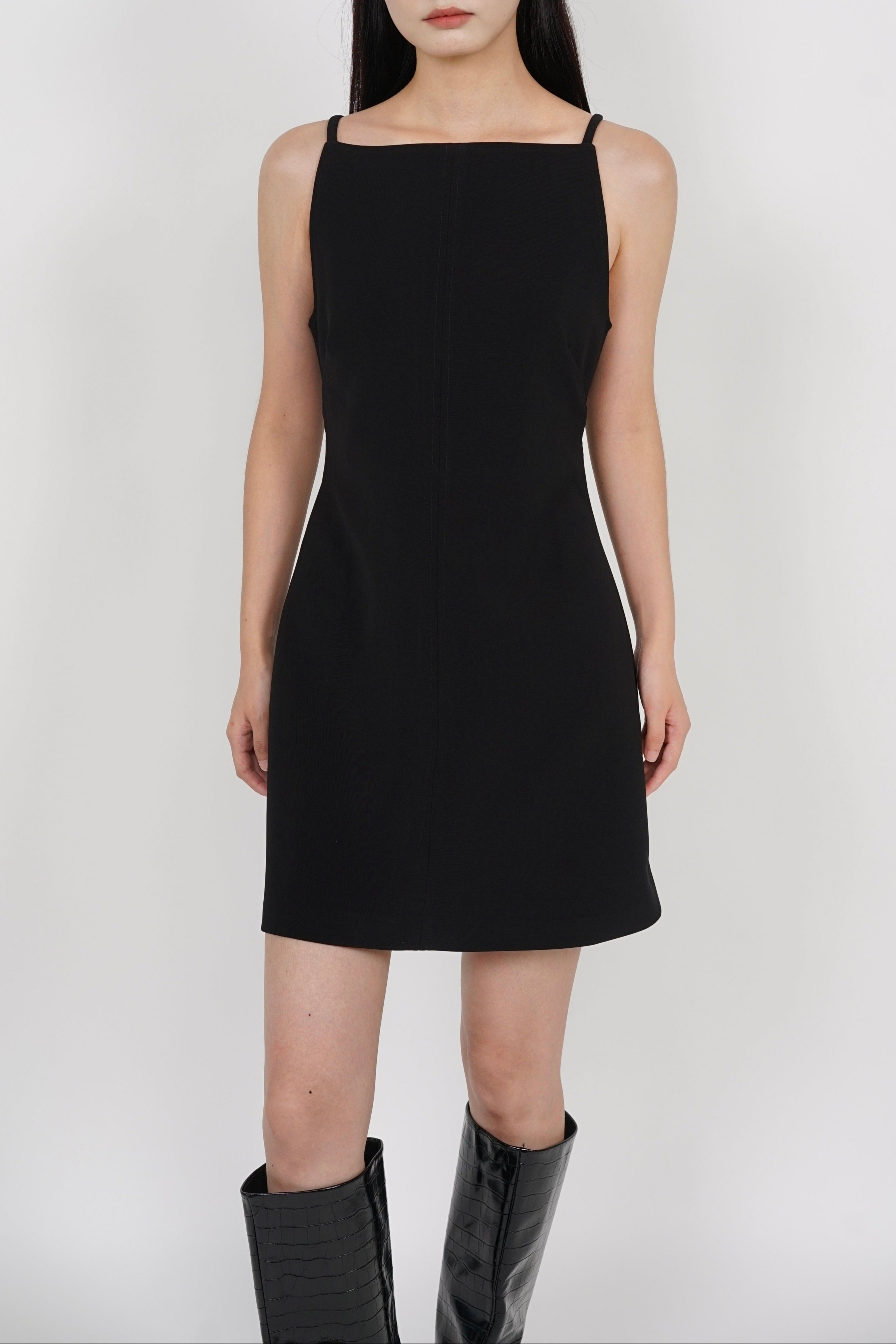 Boat Neck Mini Dress in Black