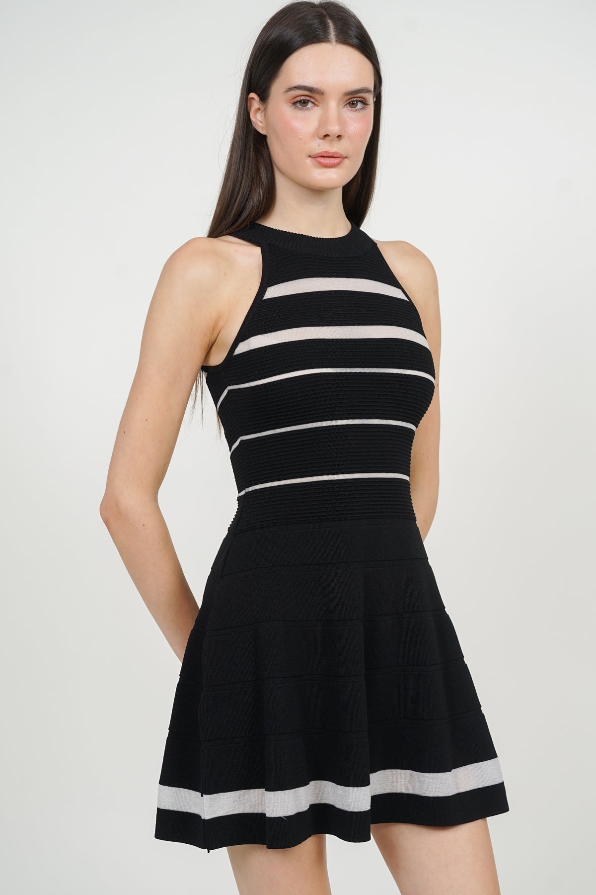 Patchwork Knit Flare Dress in Black Stripe