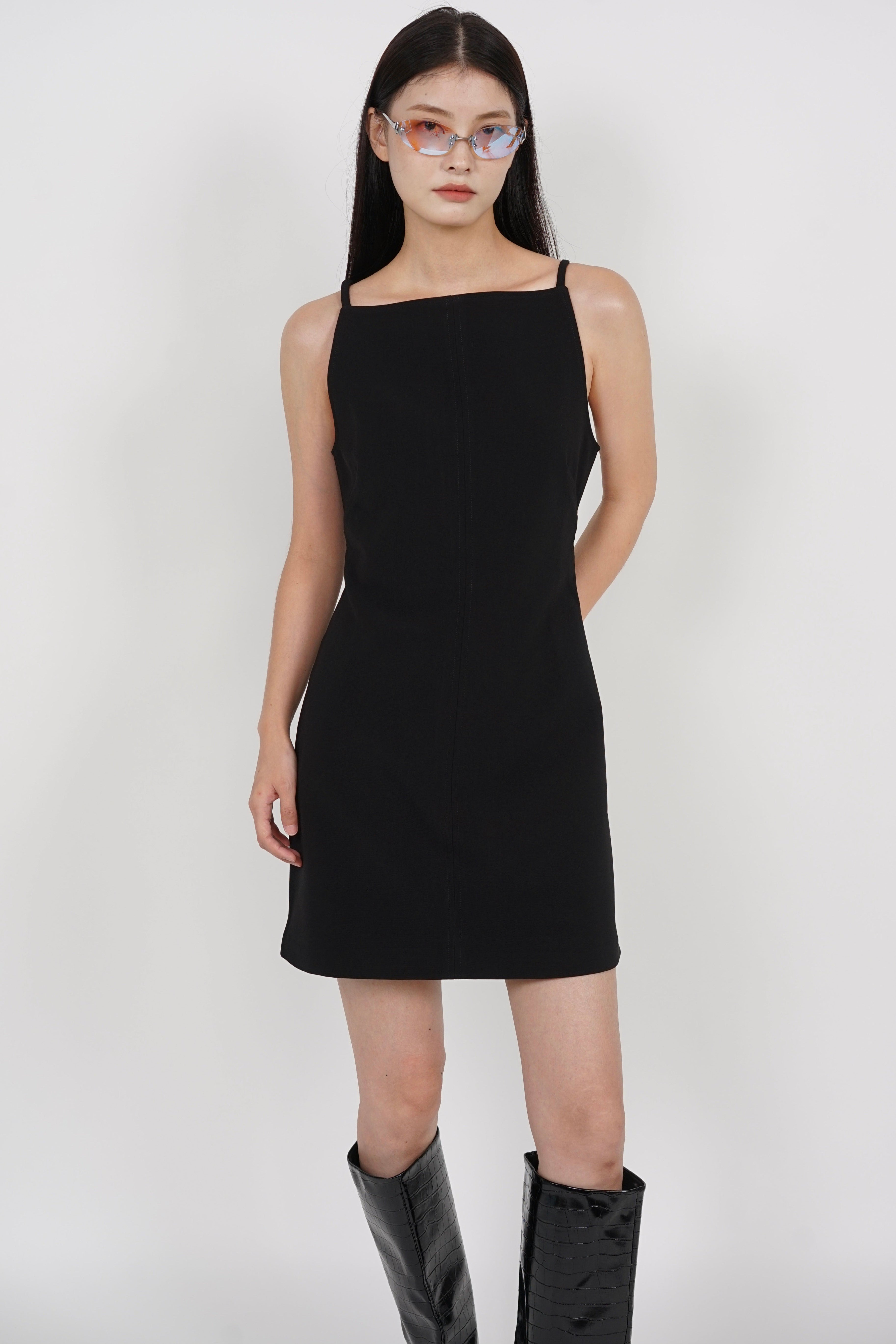 Boat Neck Mini Dress in Black