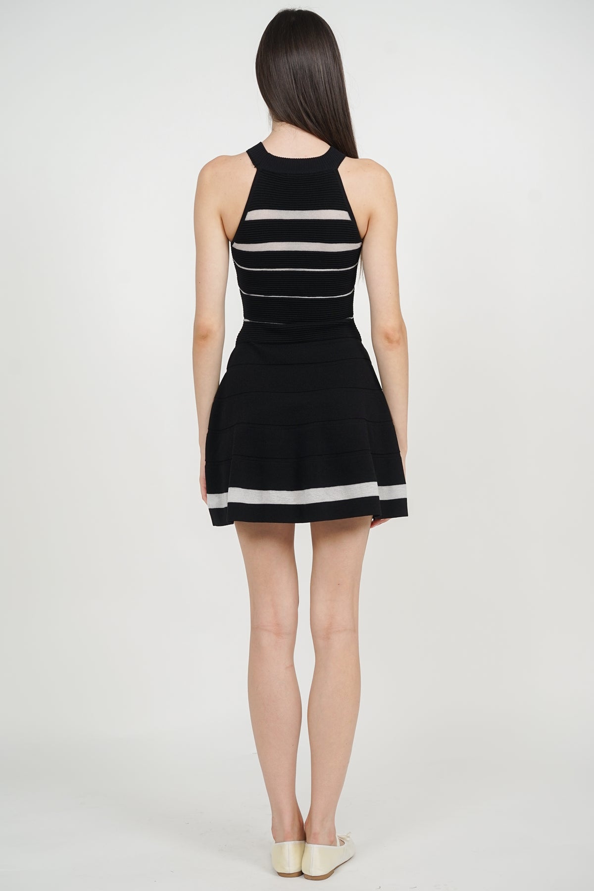 Patchwork Knit Flare Dress in Black Stripe