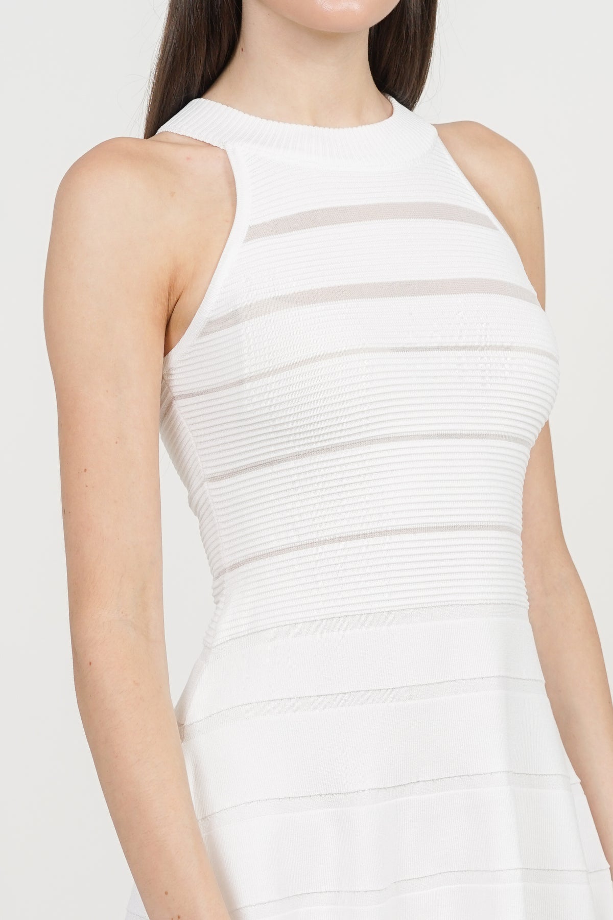 Patchwork Knit Flare Dress in White Stripe