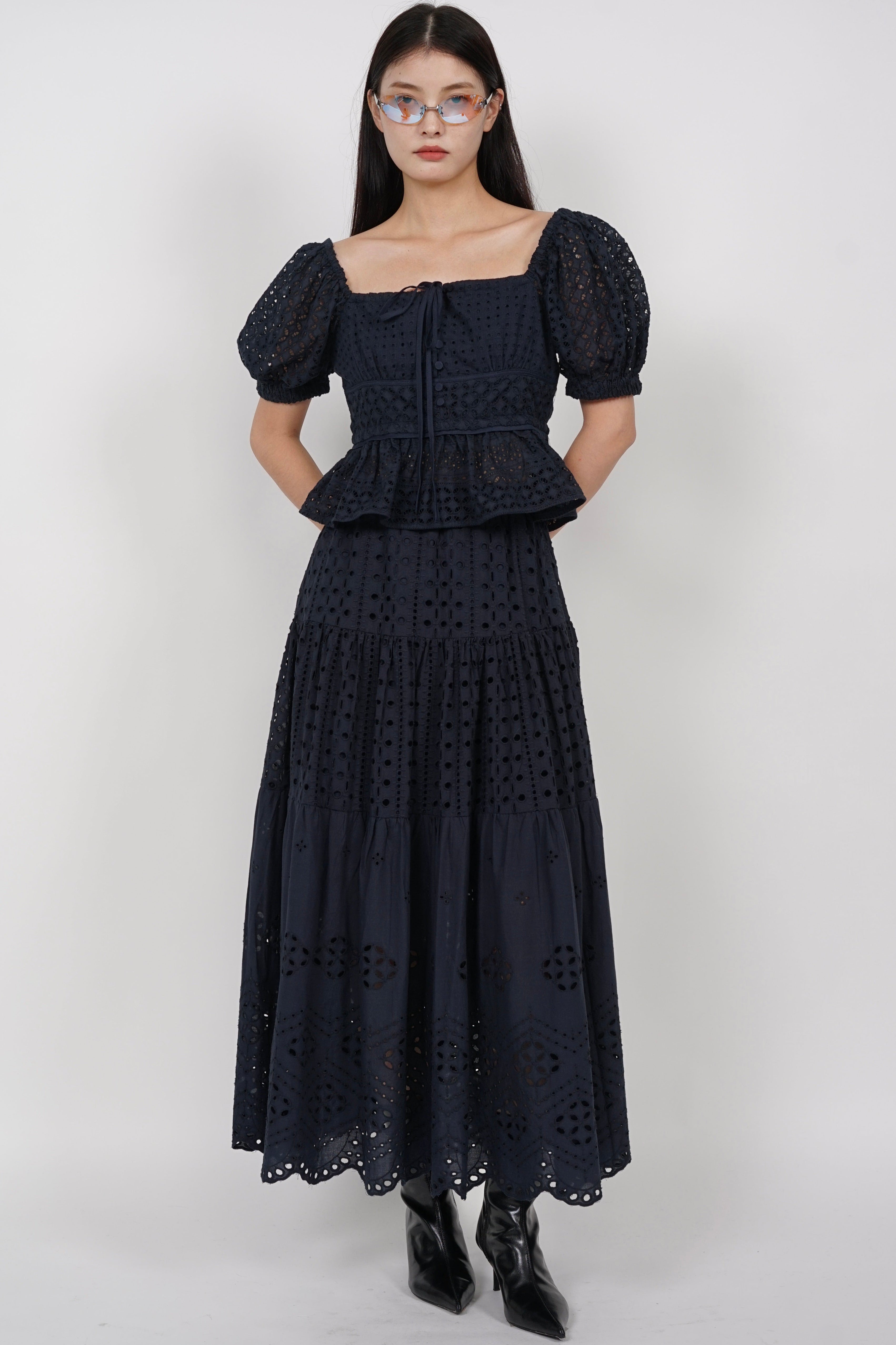 Puff Sleeve Eyelet Top in Midnight