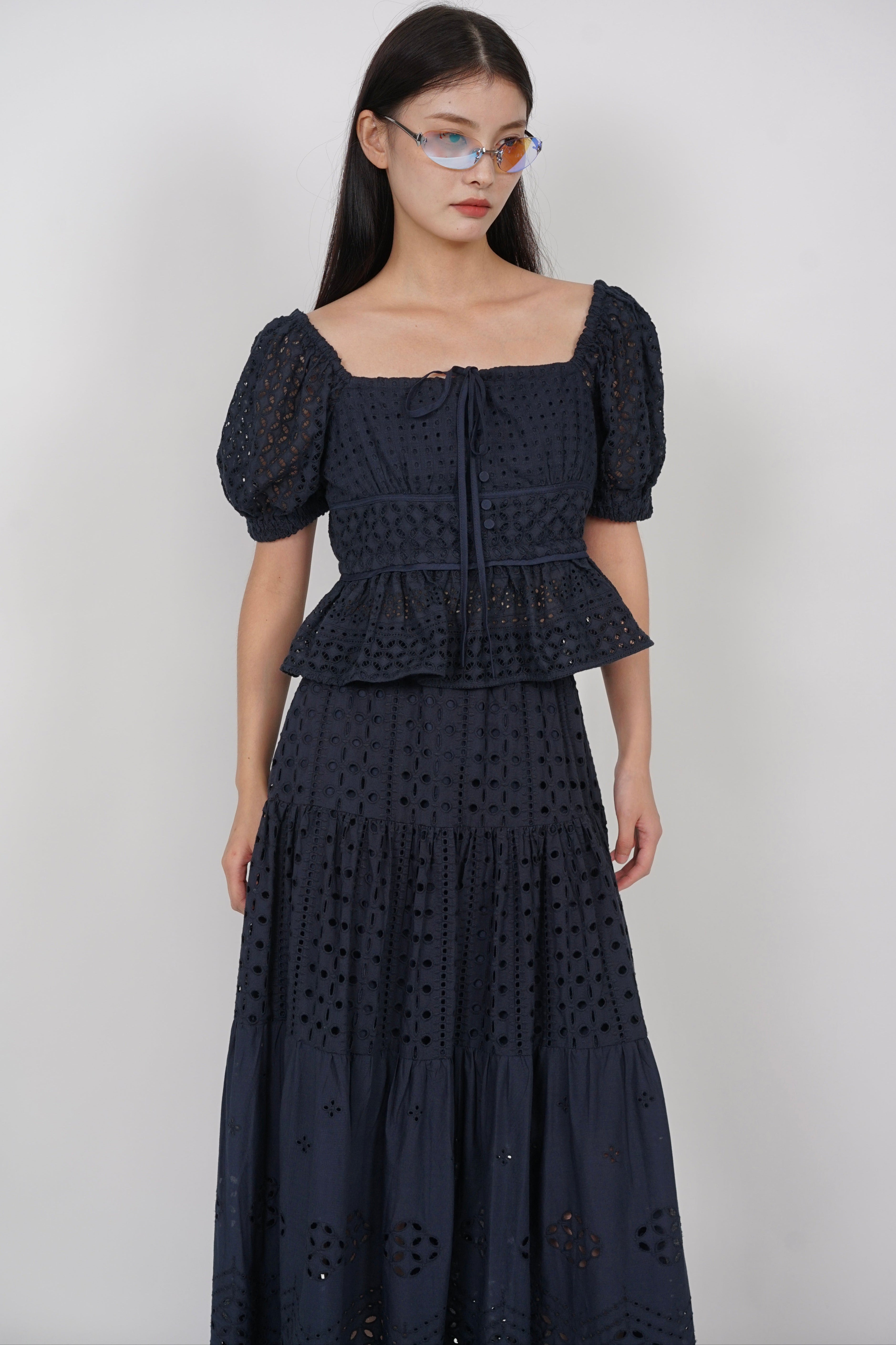 Puff Sleeve Eyelet Top in Midnight