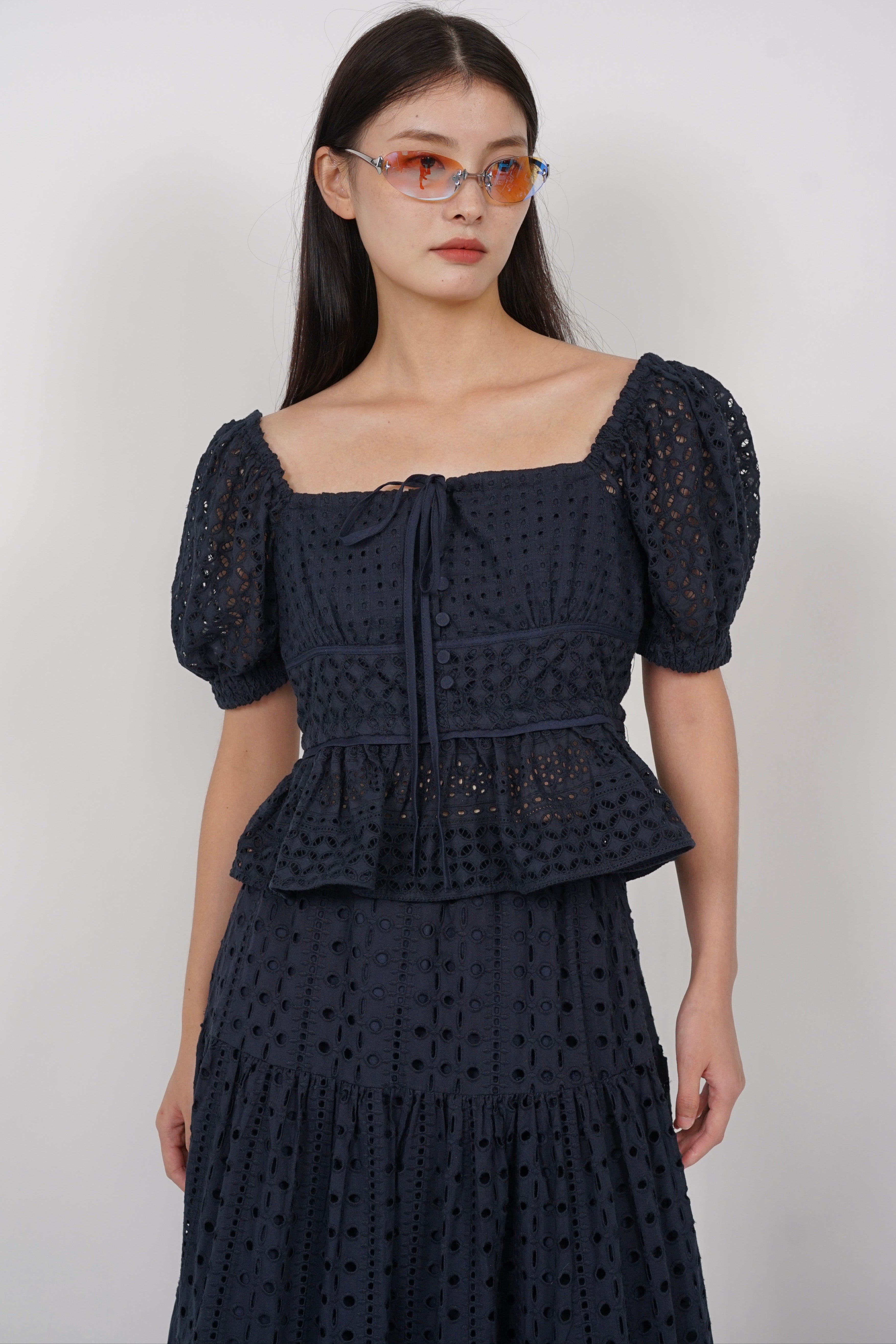 Puff Sleeve Eyelet Top in Midnight