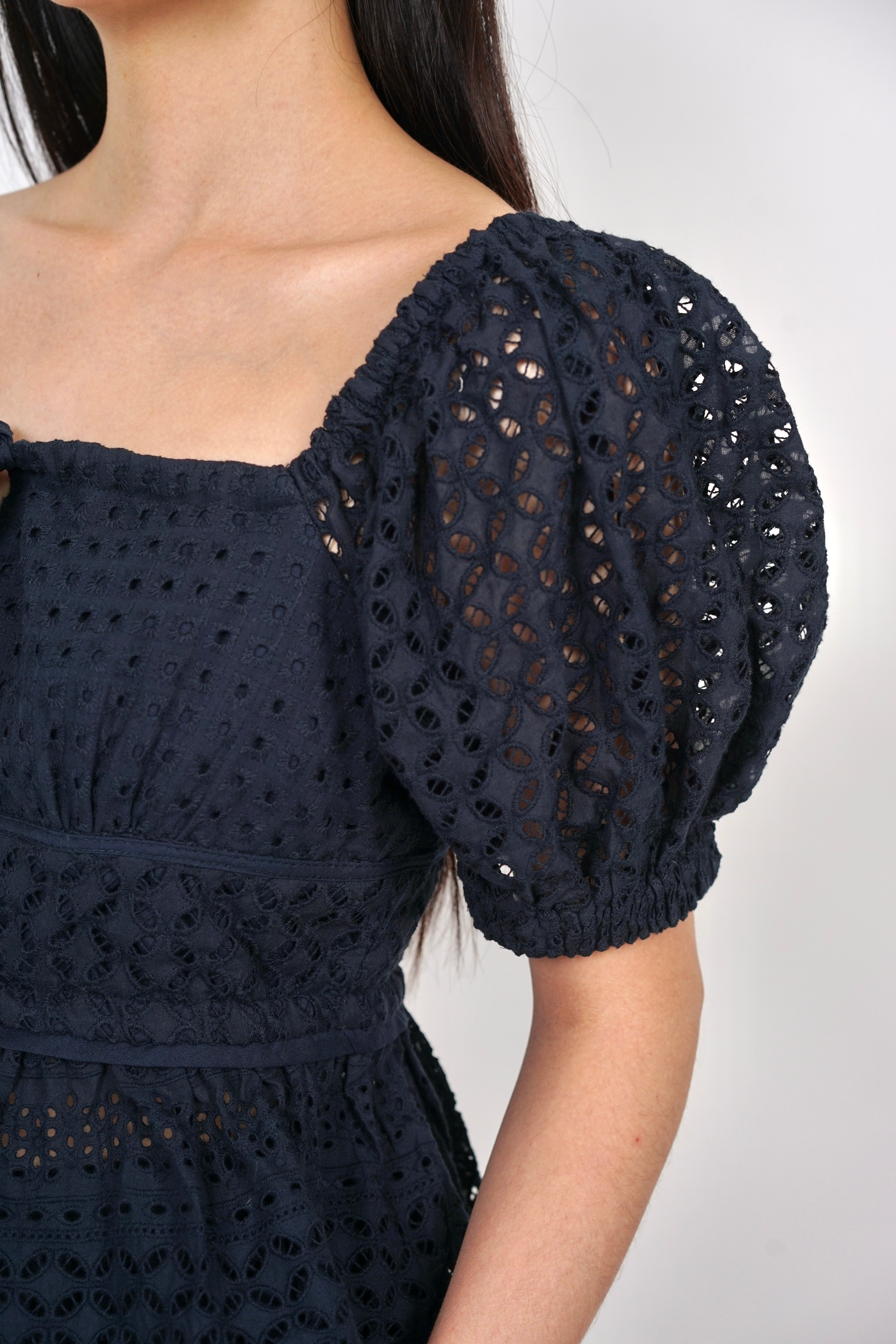 Puff Sleeve Eyelet Top in Midnight