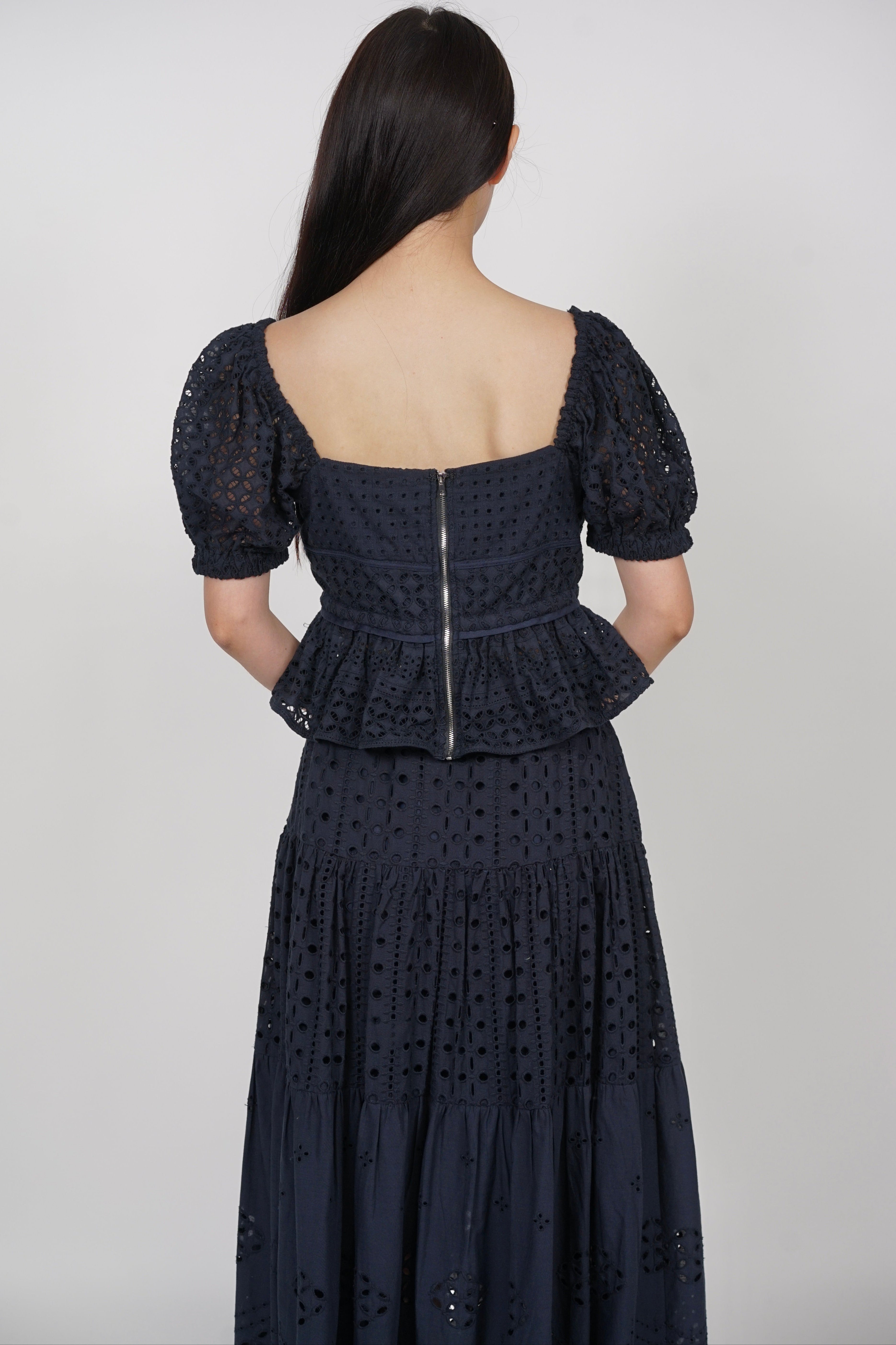Puff Sleeve Eyelet Top in Midnight