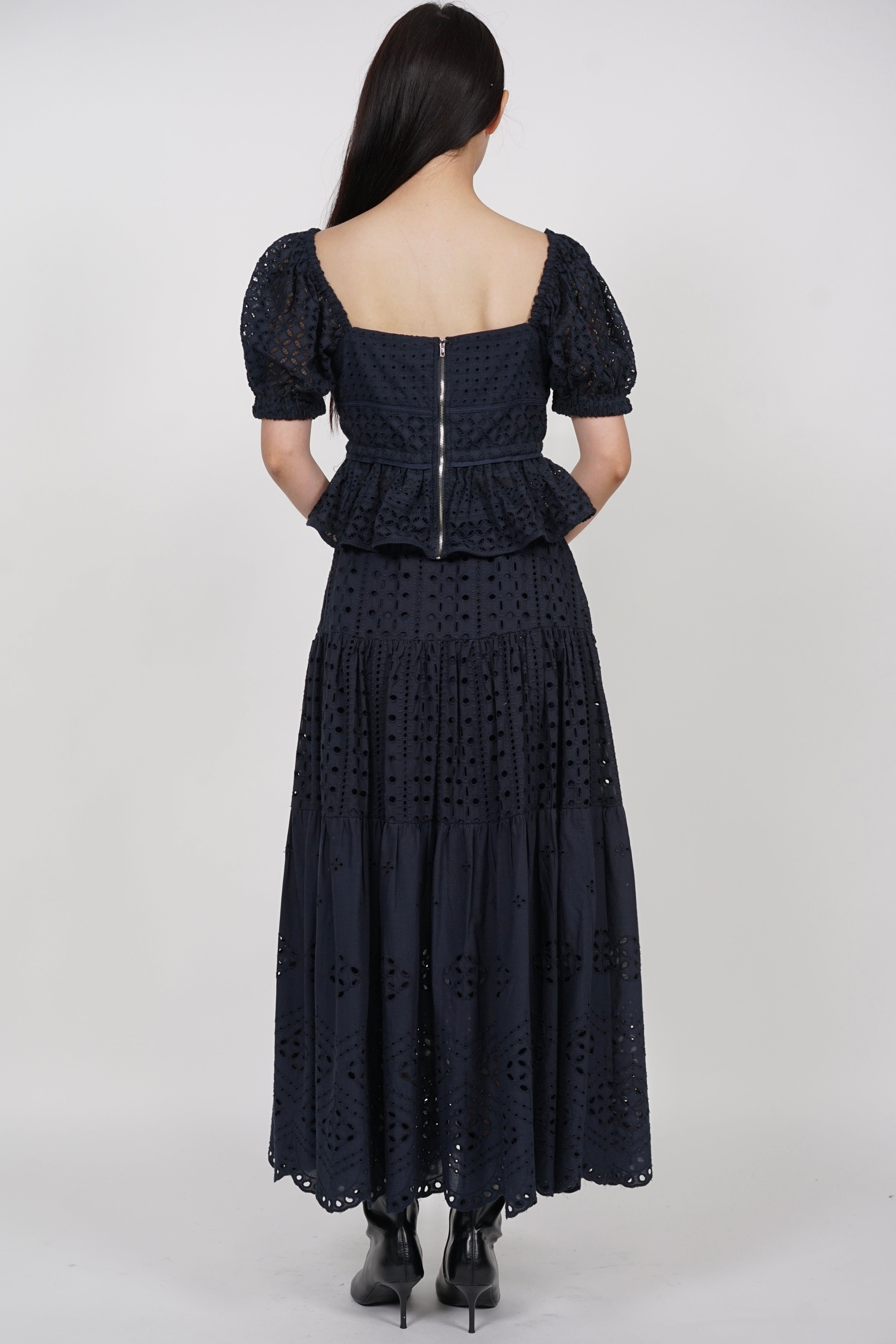 Puff Sleeve Eyelet Top in Midnight