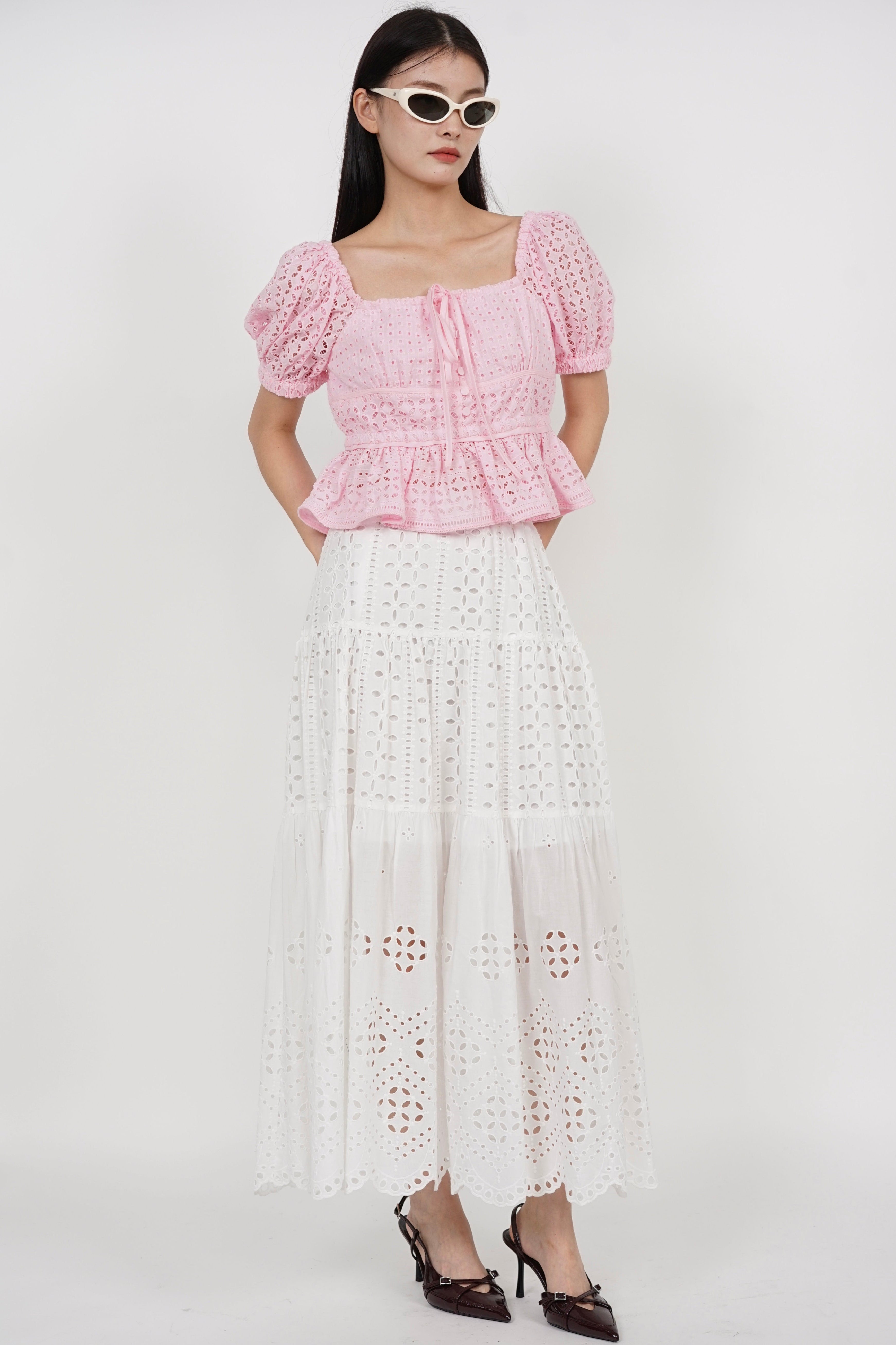 Puff Sleeve Eyelet Top in Pink