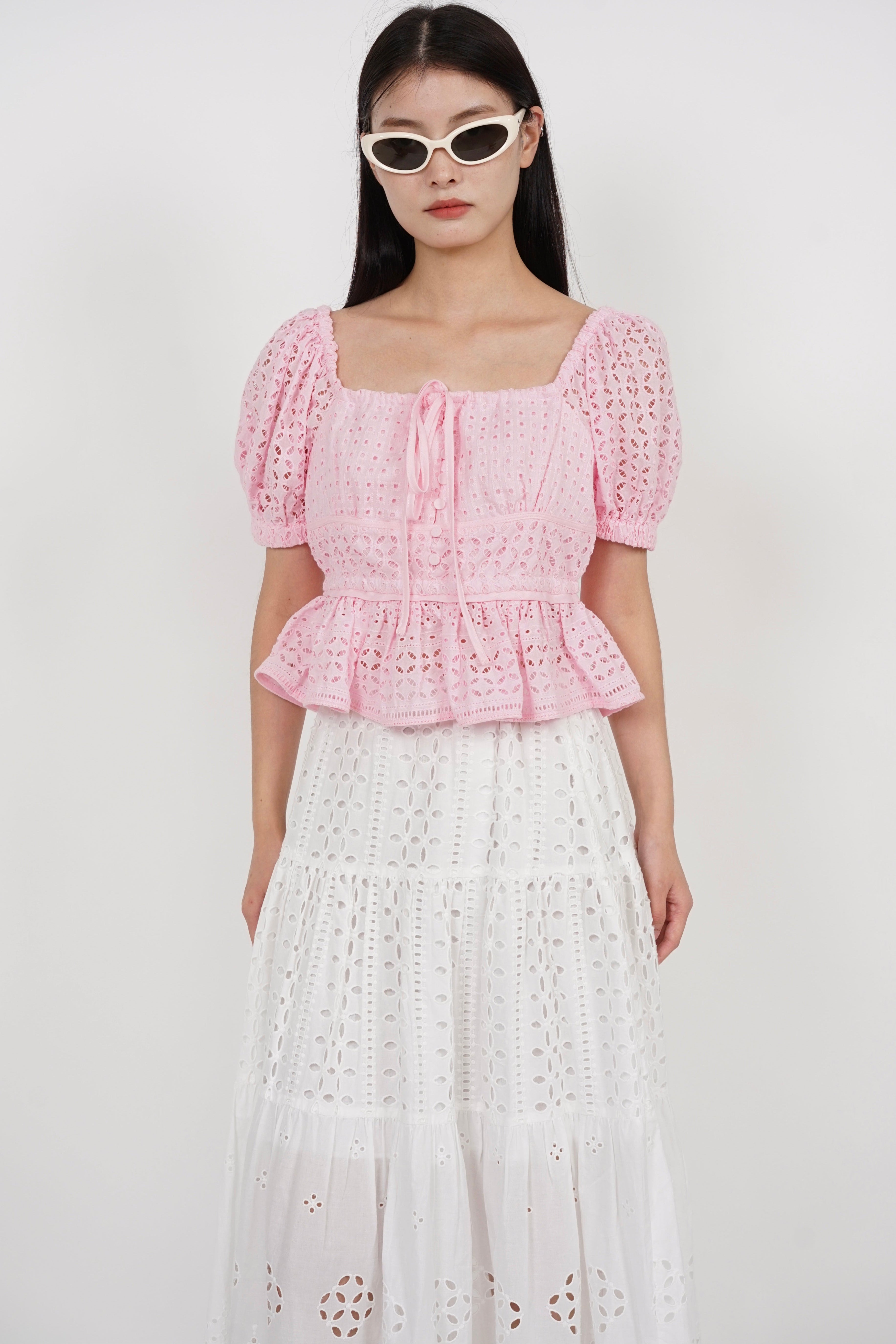 Puff Sleeve Eyelet Top in Pink