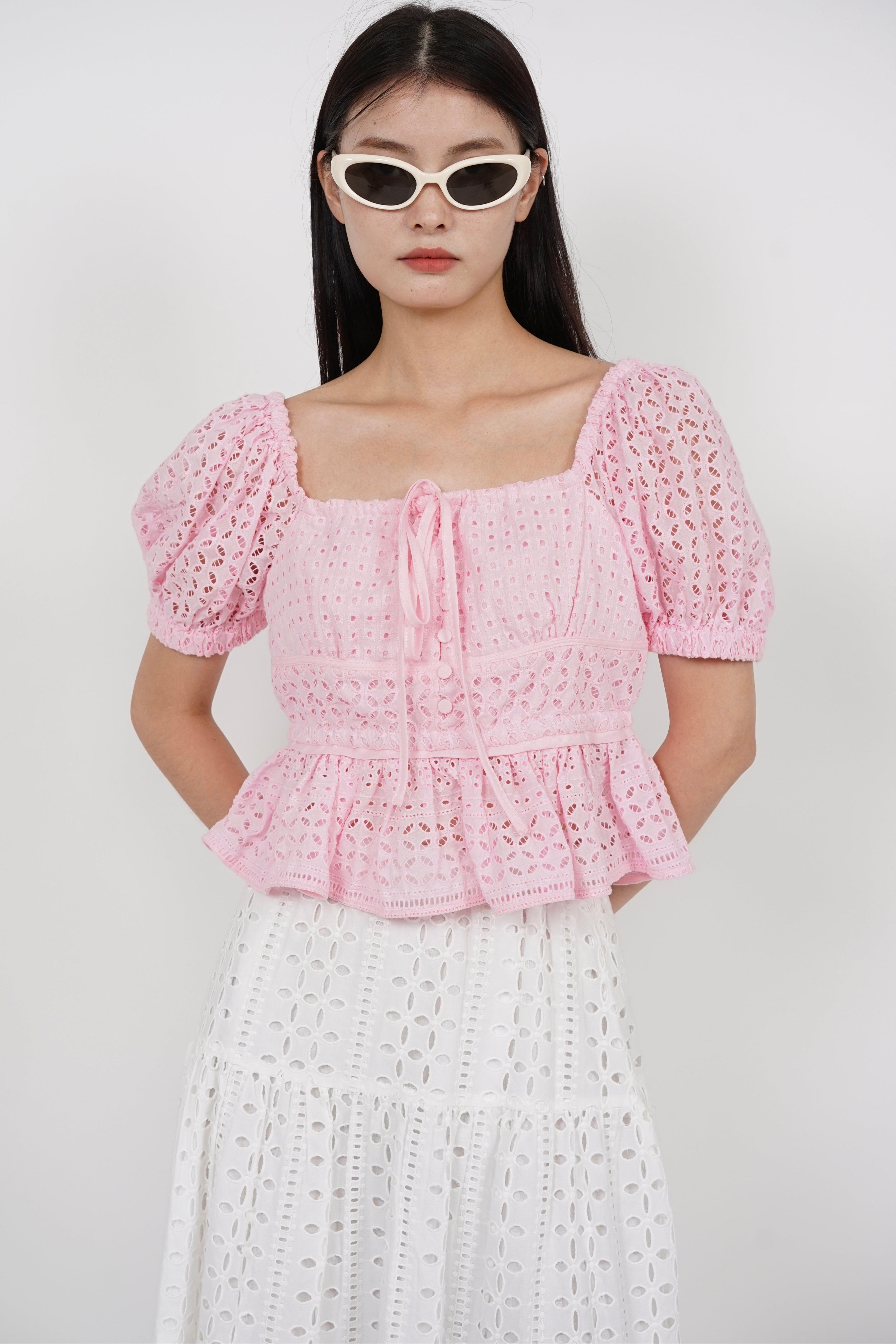 Puff Sleeve Eyelet Top in Pink