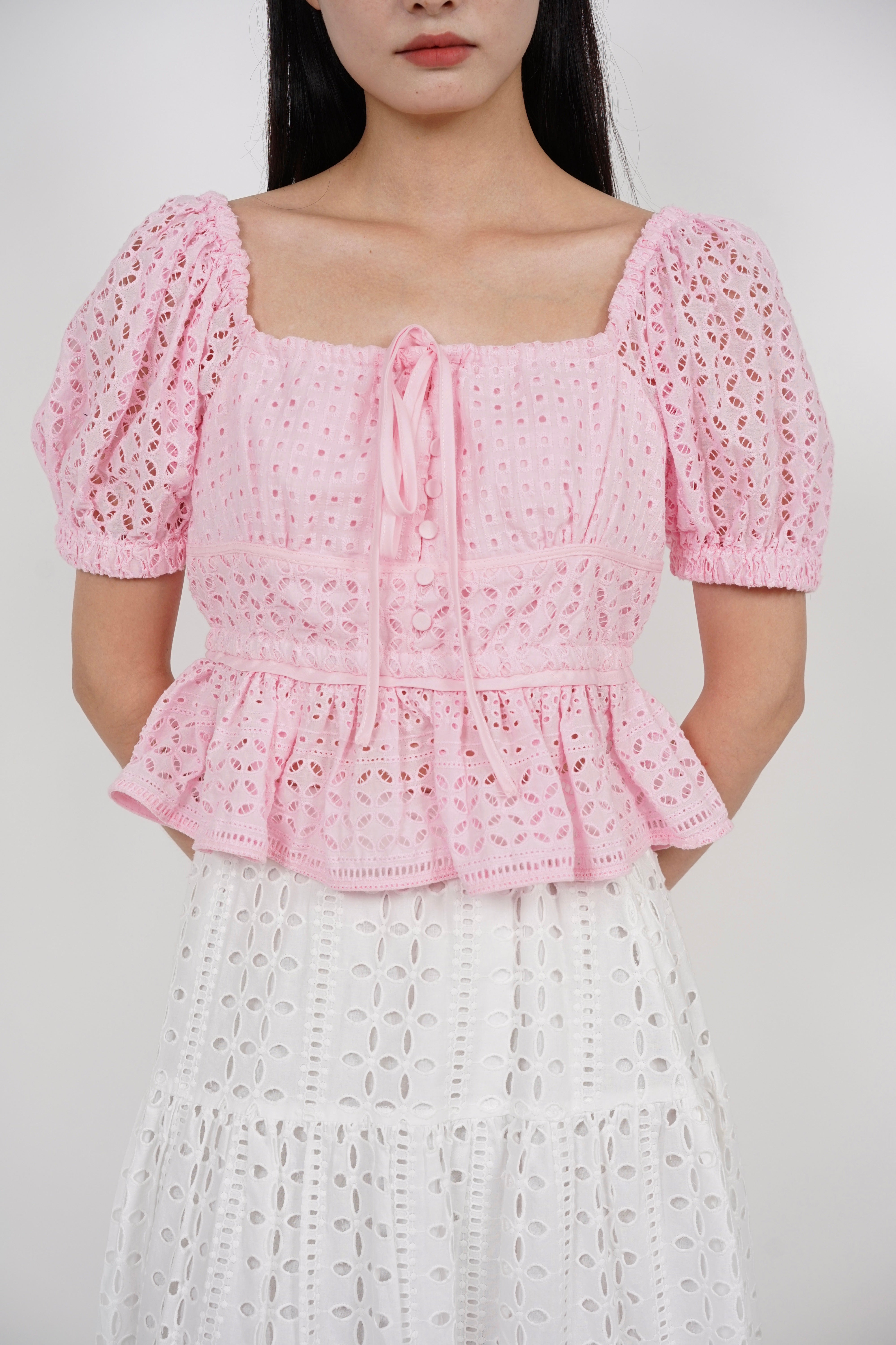 Puff Sleeve Eyelet Top in Pink