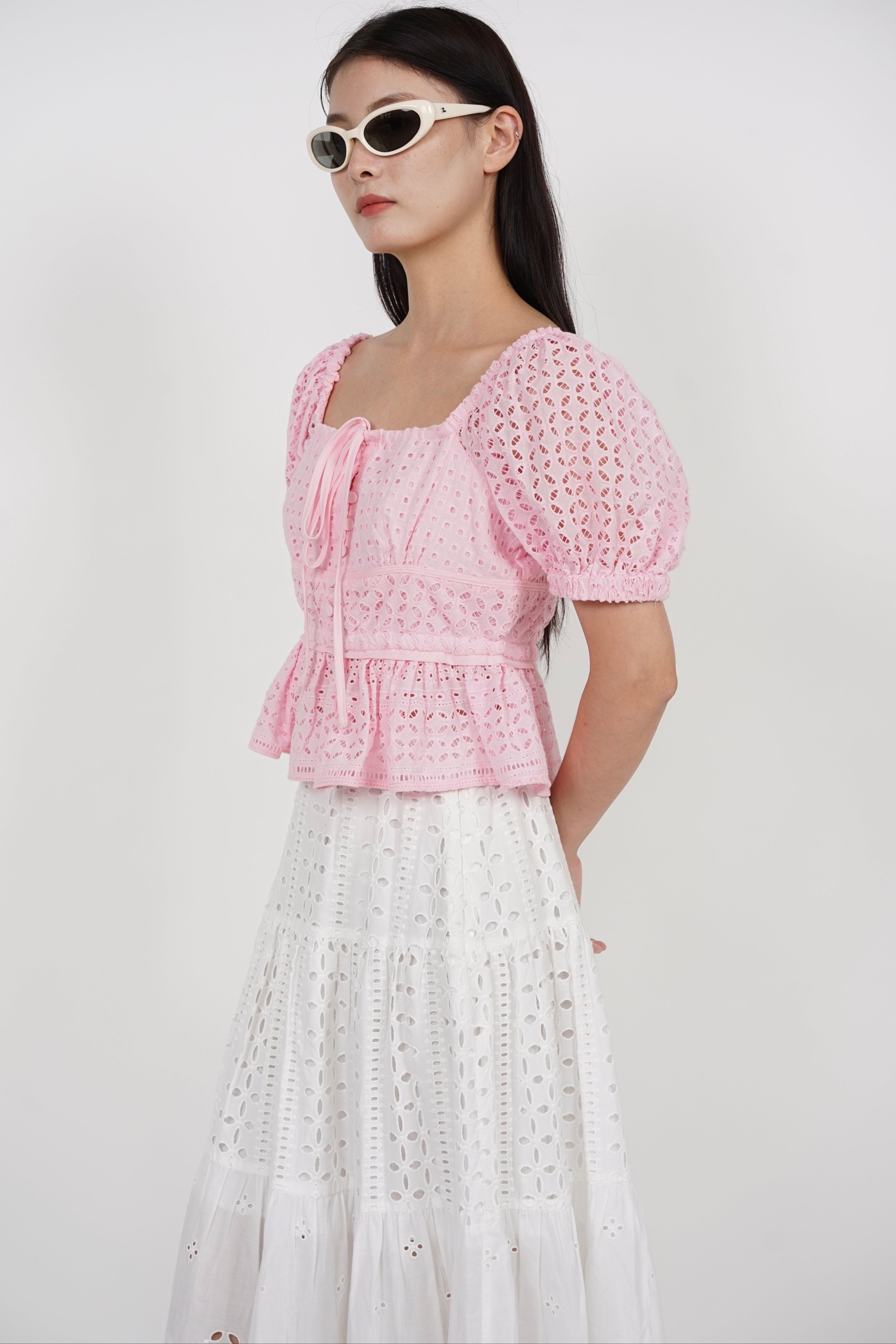Puff Sleeve Eyelet Top in Pink