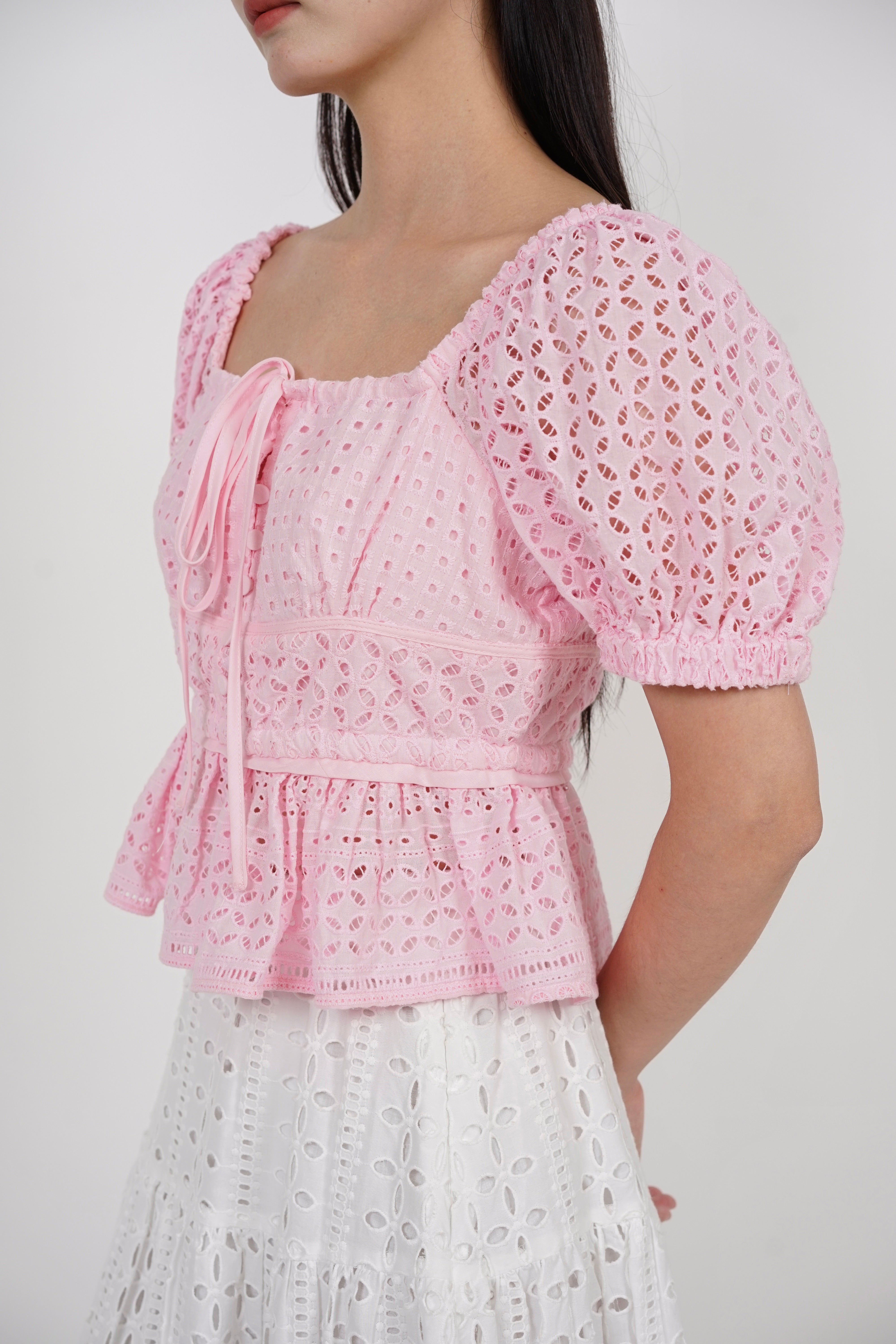 Puff Sleeve Eyelet Top in Pink