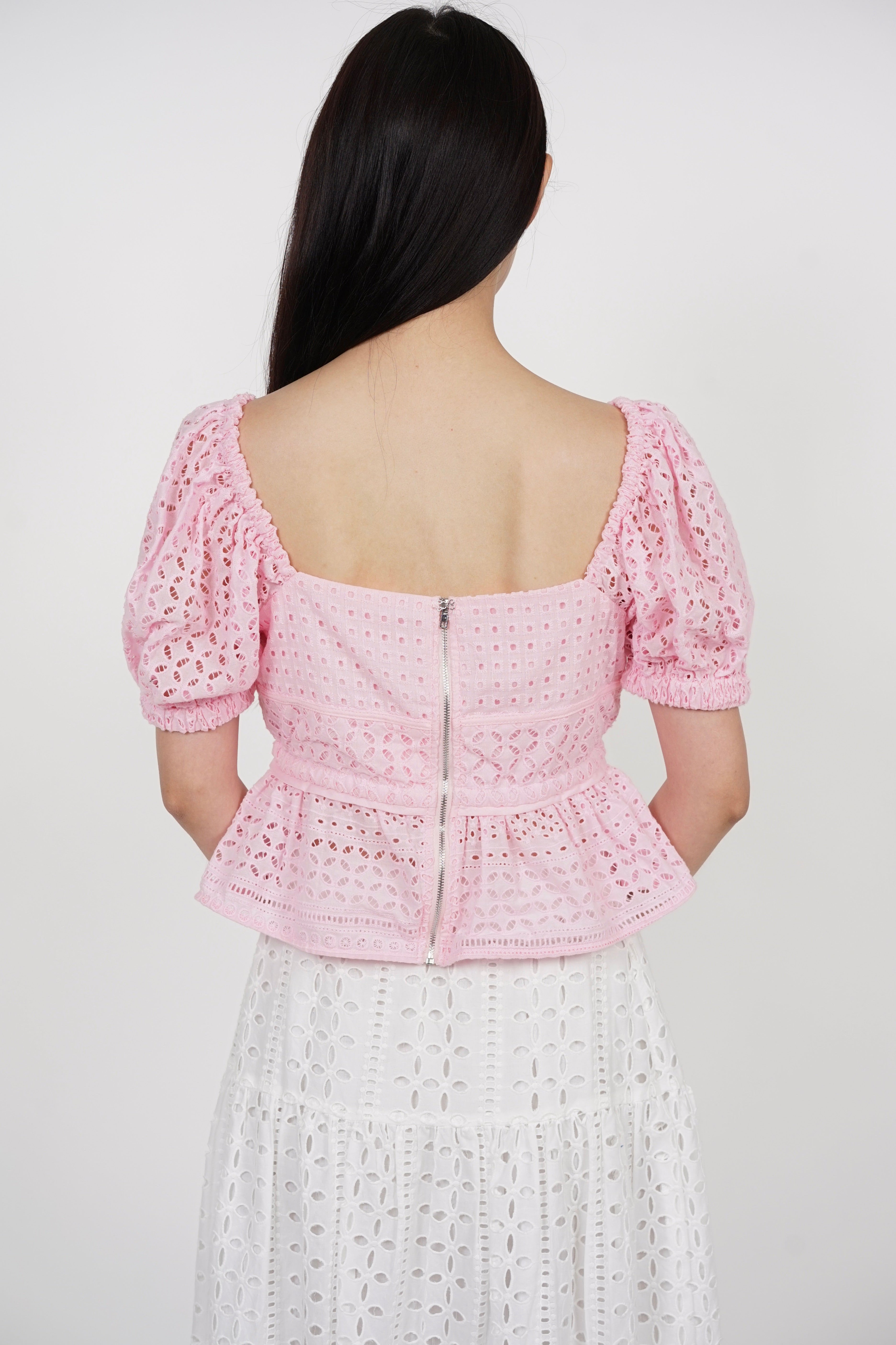 Puff Sleeve Eyelet Top in Pink