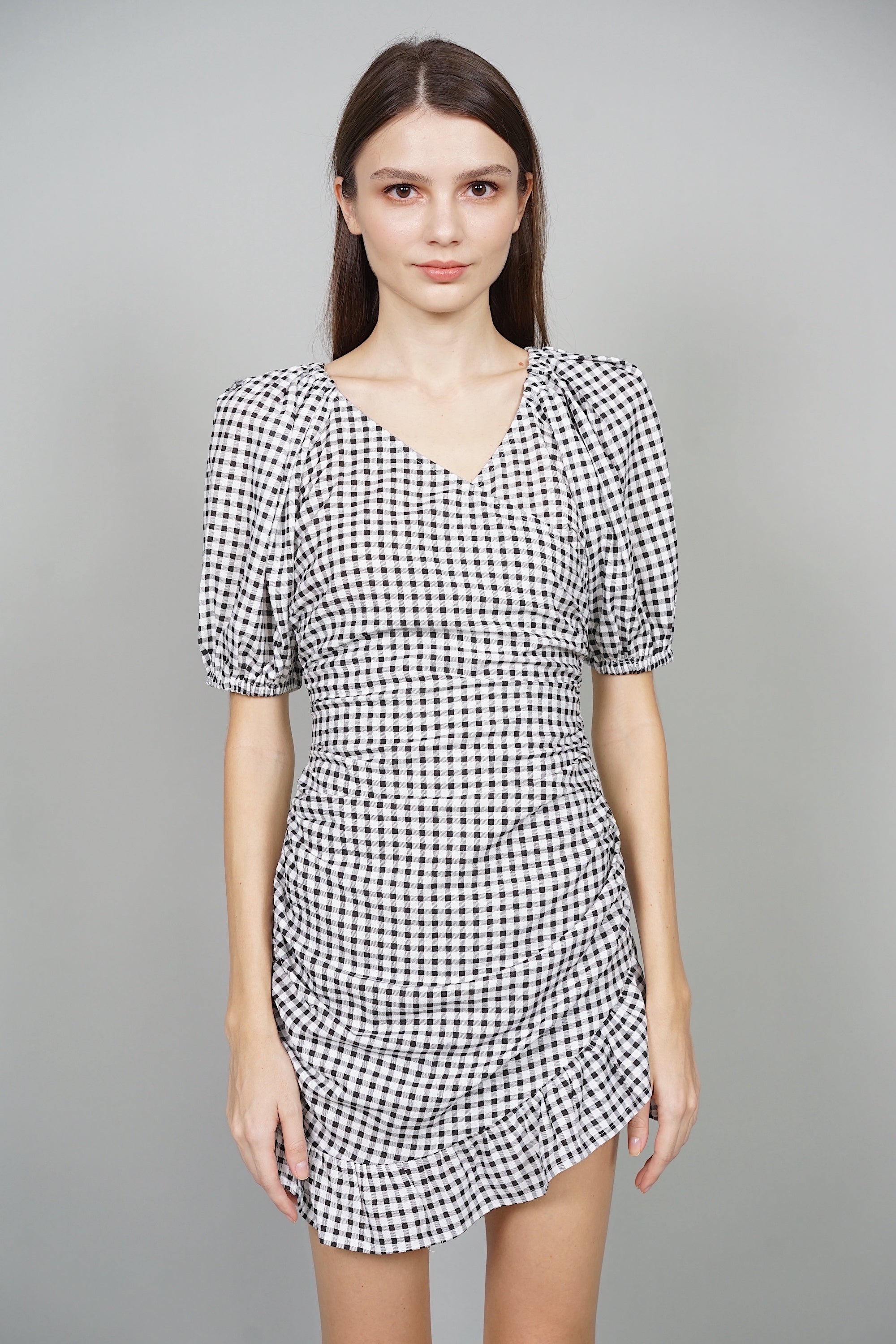Joy Puffy Skorts Romper in Black Gingham