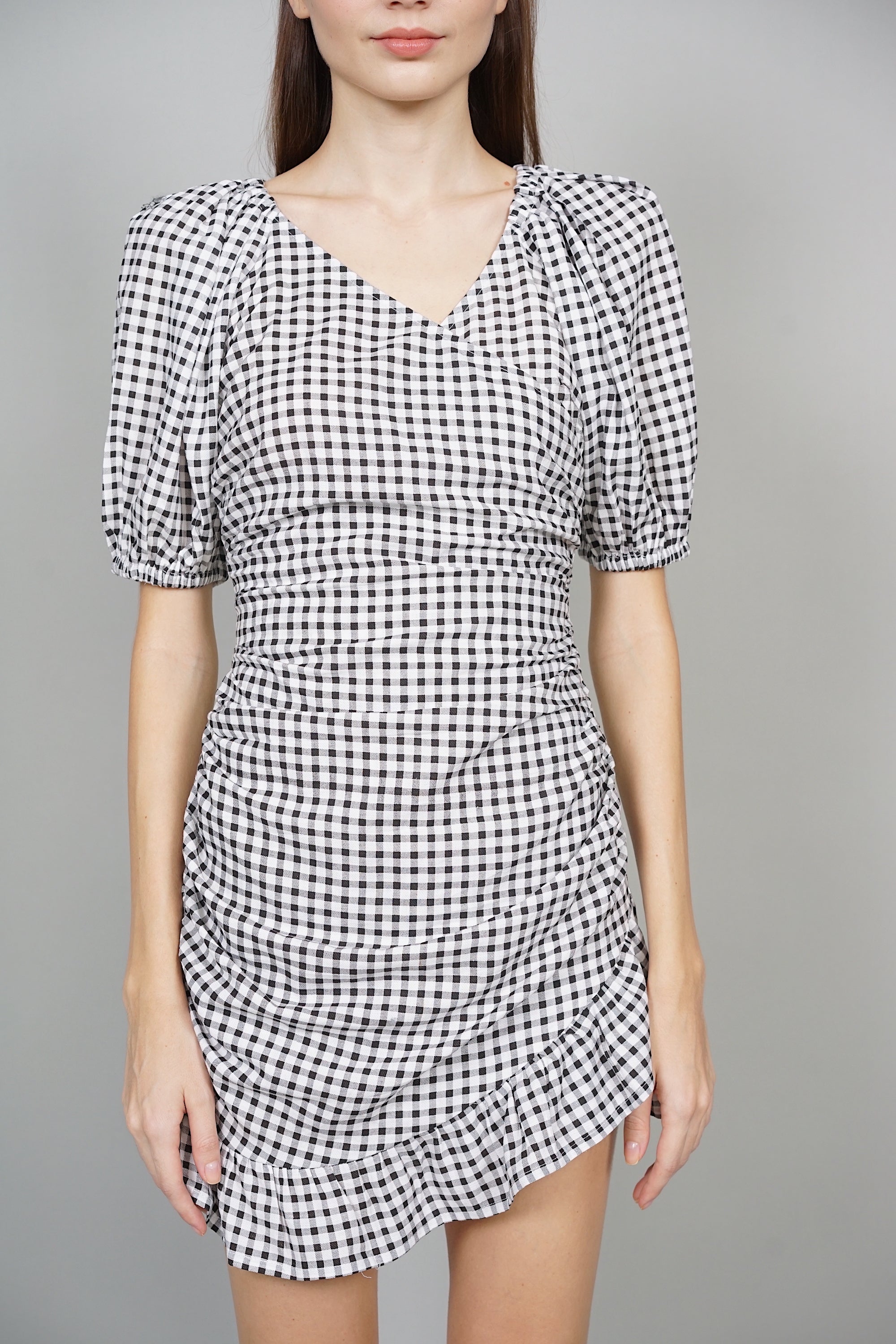Joy Puffy Skorts Romper in Black Gingham