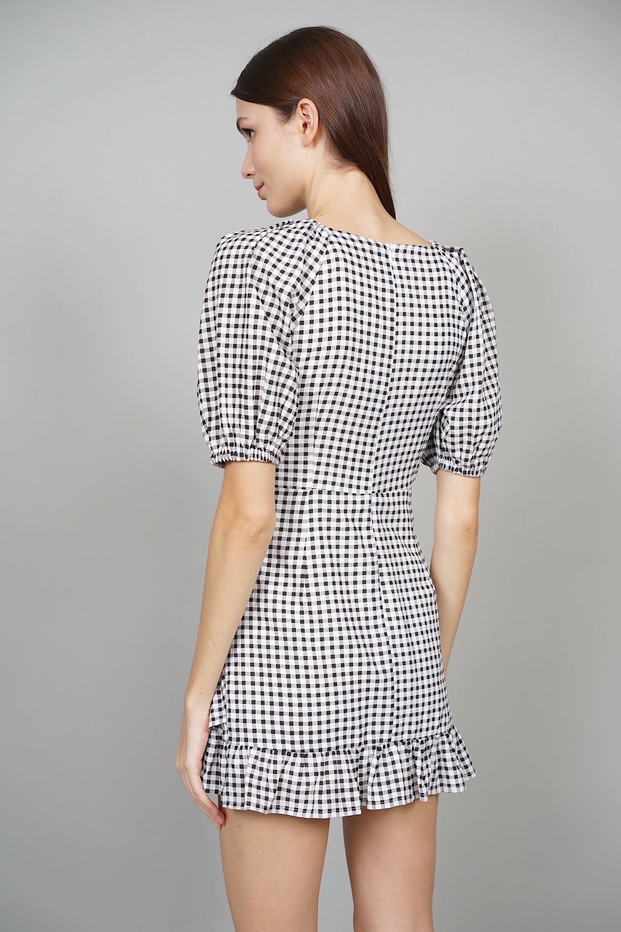 Joy Puffy Skorts Romper in Black Gingham