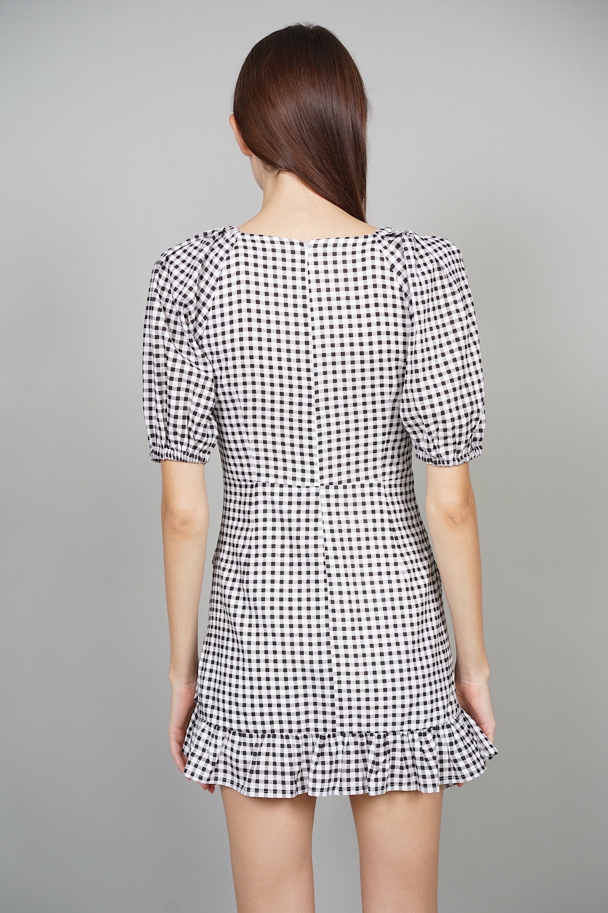 Joy Puffy Skorts Romper in Black Gingham