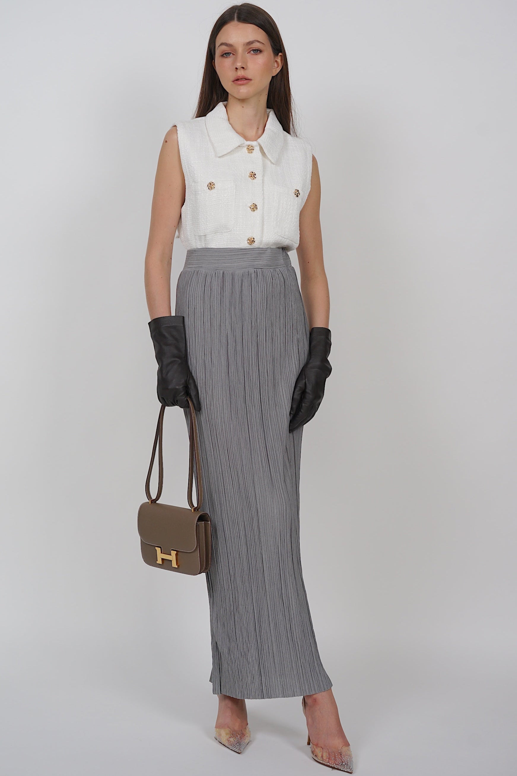 Buttoned Tweed Vest in White