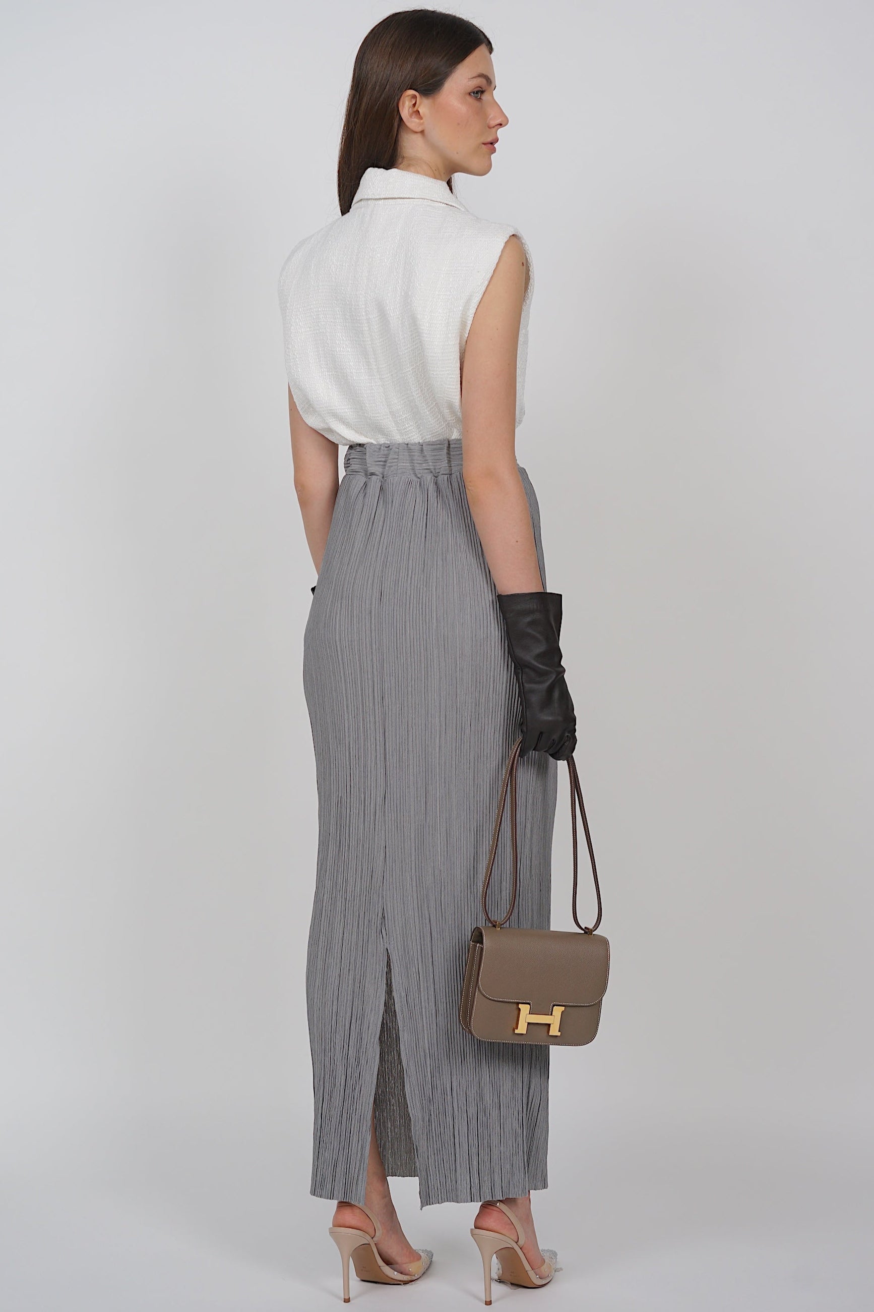 Plisse Pleated Skirt in Grey