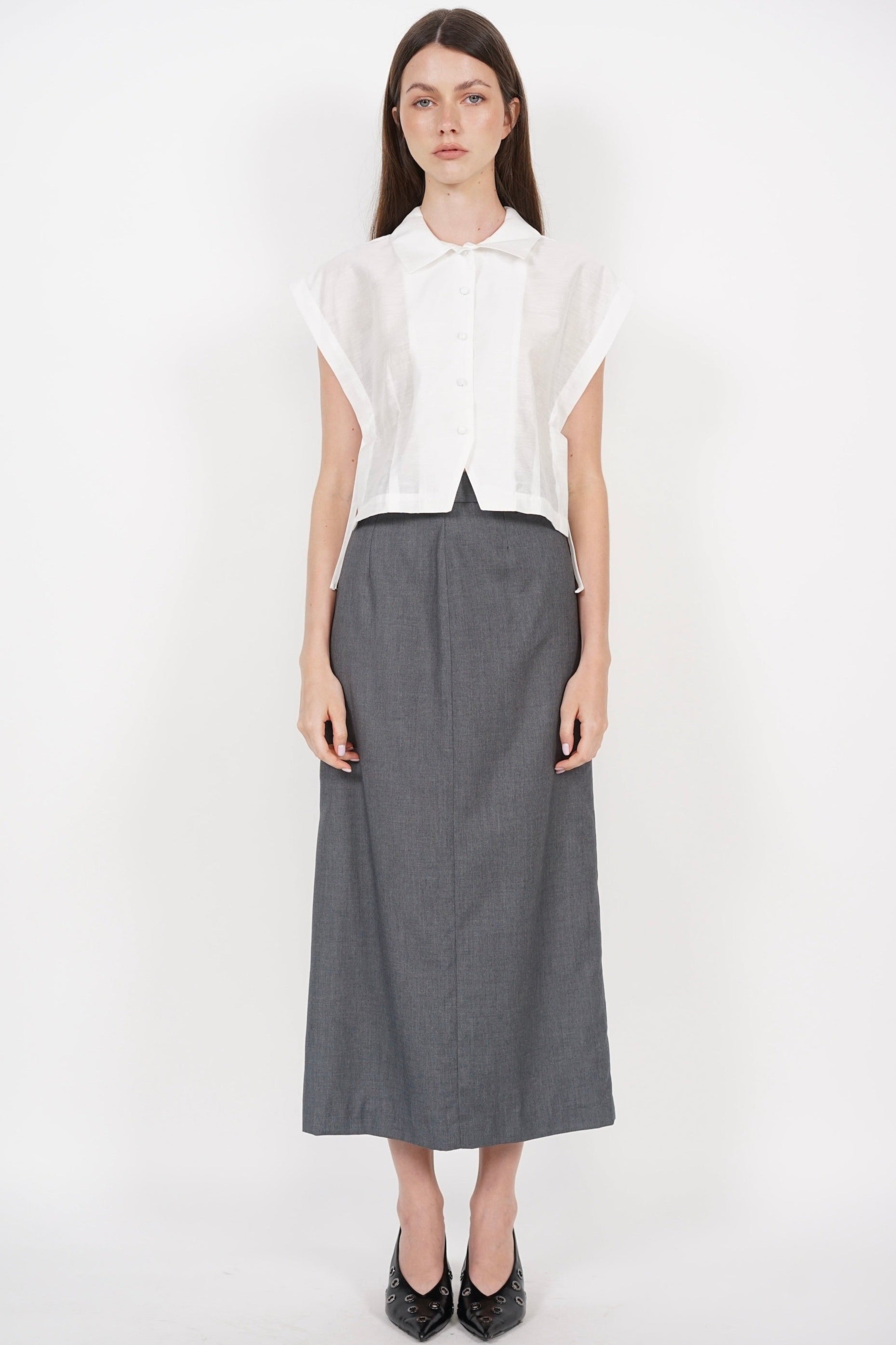 Side Tie Button Down Collar Top in White