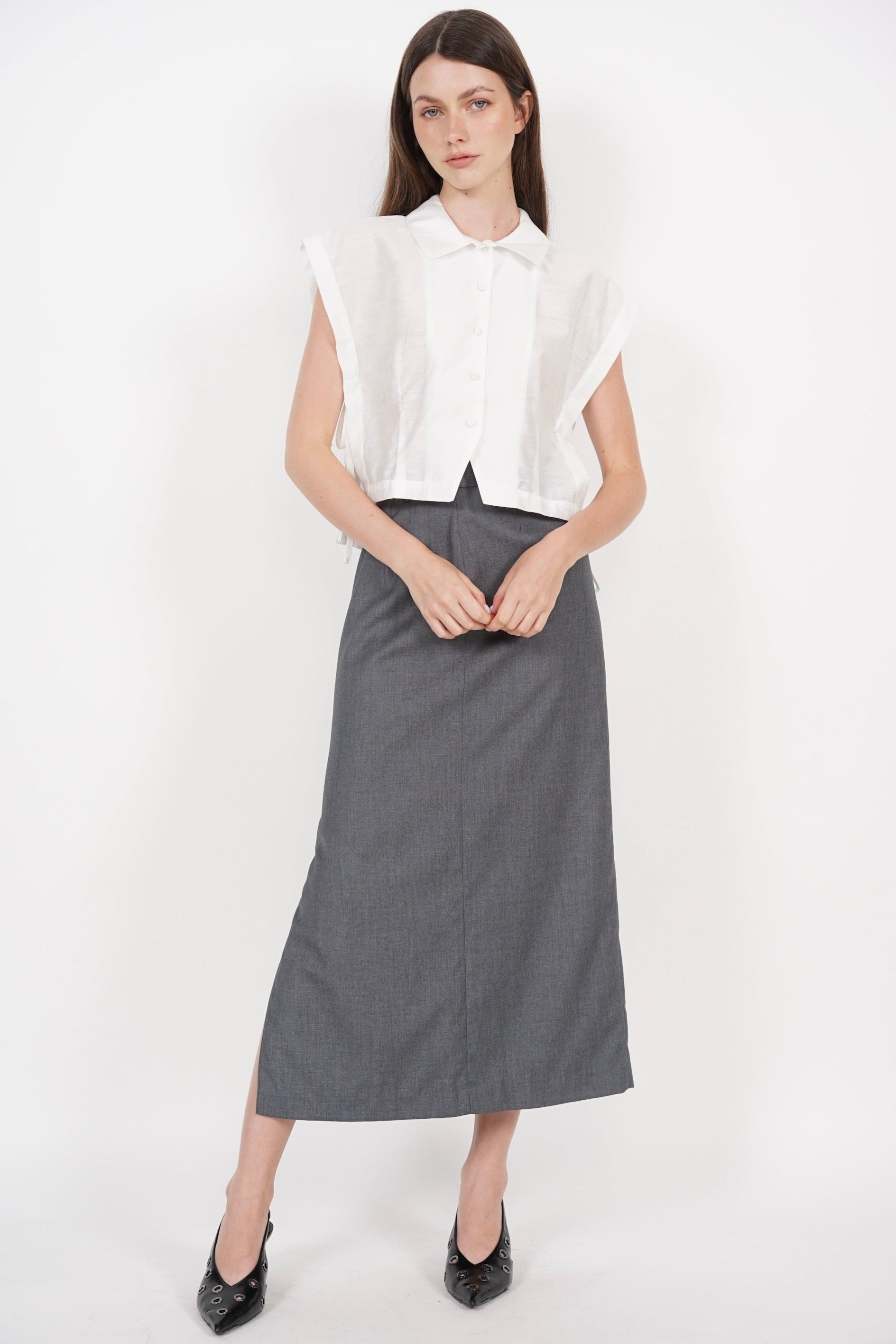 Side Tie Button Down Collar Top in White