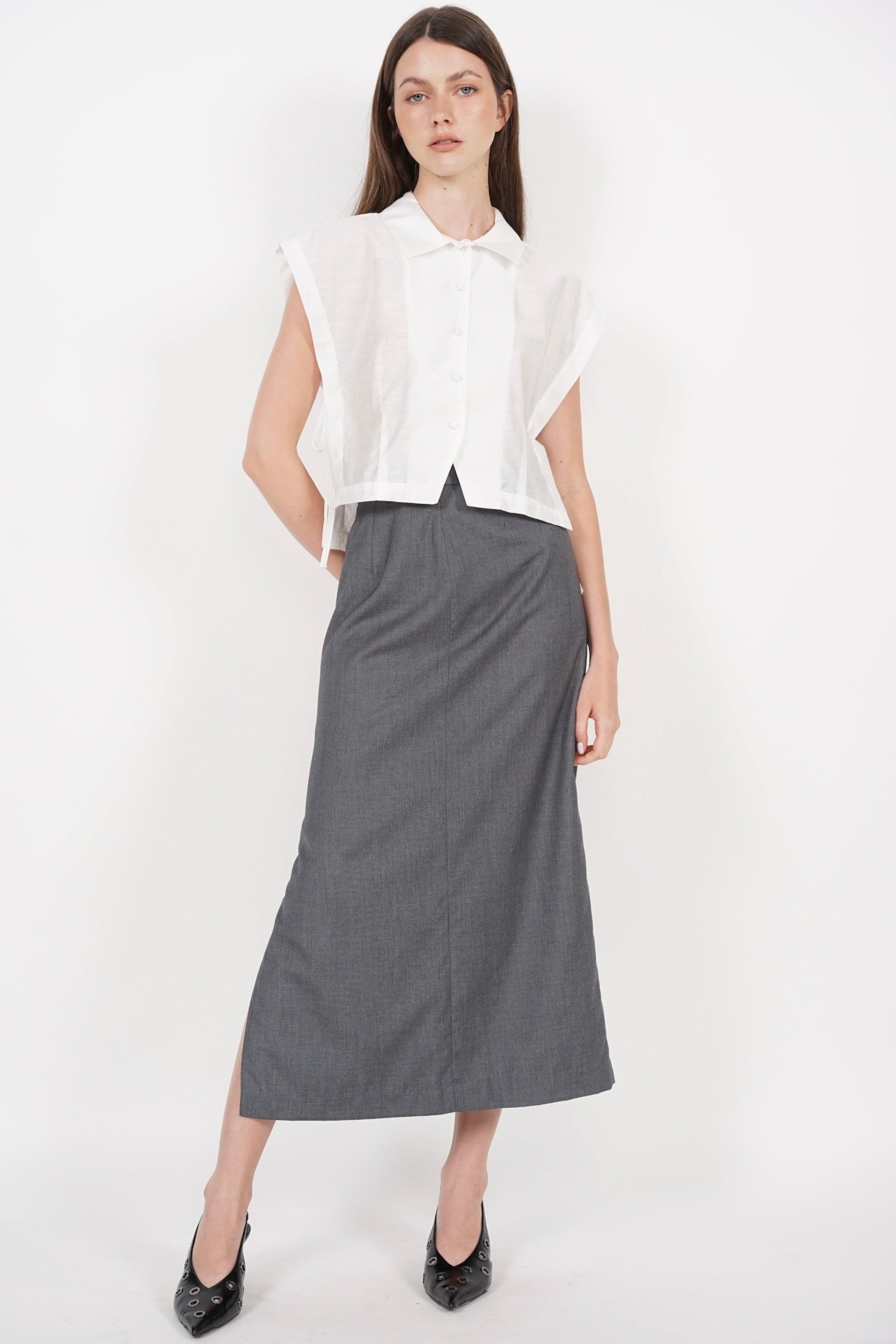 Side Tie Button Down Collar Top in White