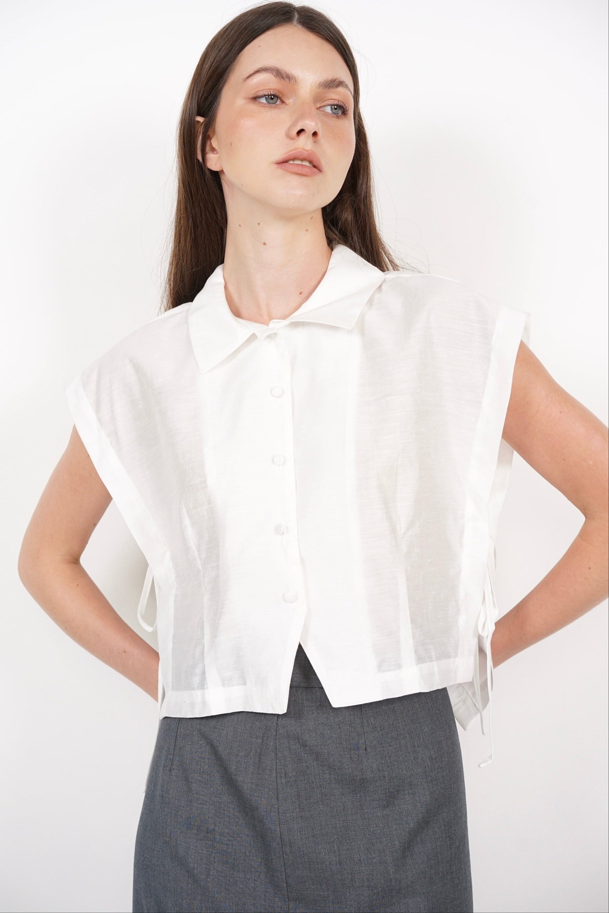 Side Tie Button Down Collar Top in White