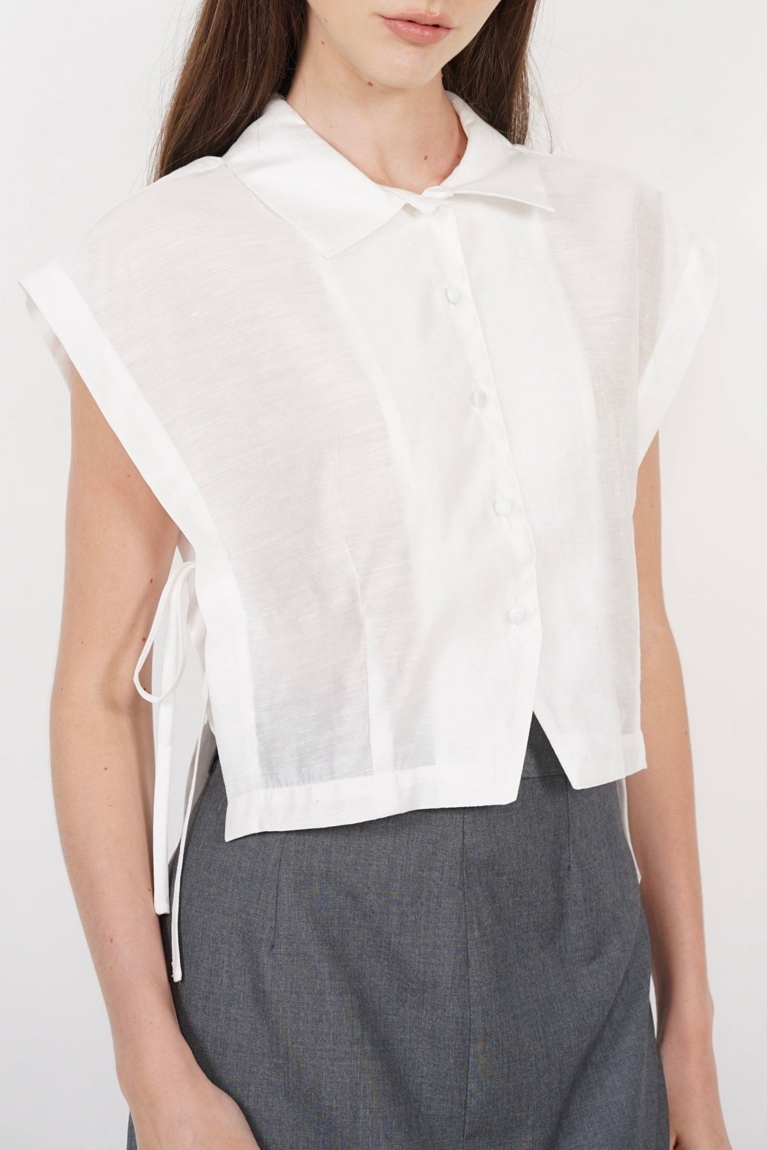 Side Tie Button Down Collar Top in White