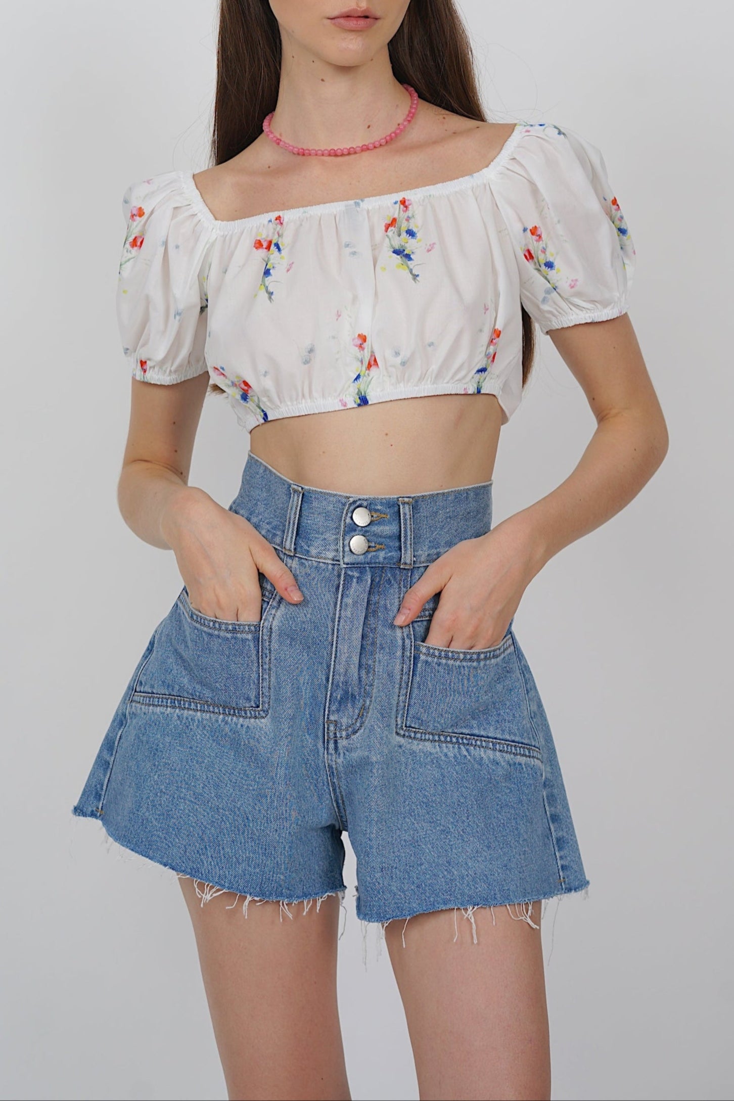 High-Waist Double Button Shorts in Washed Blue