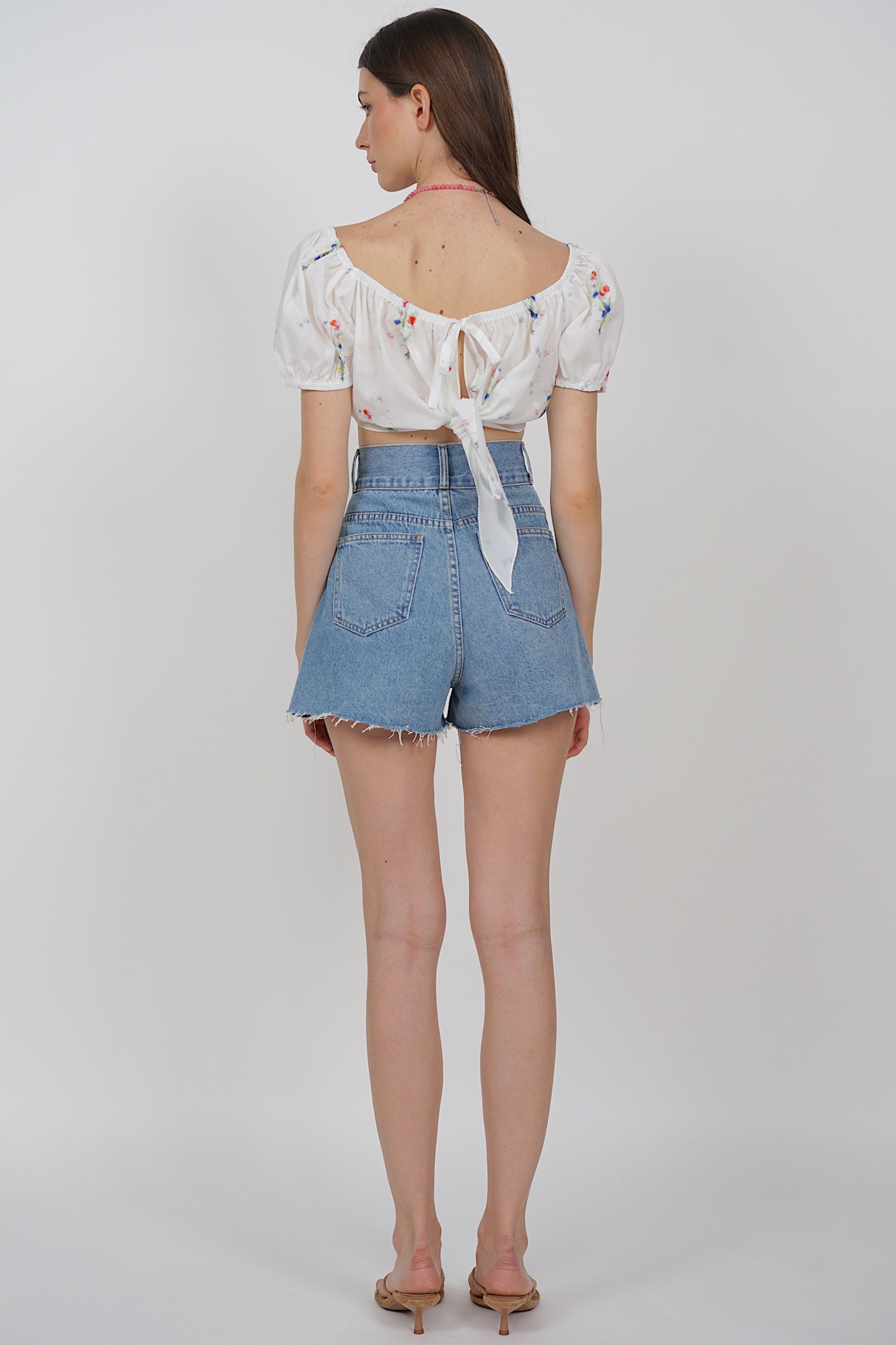 High-Waist Double Button Shorts in Washed Blue