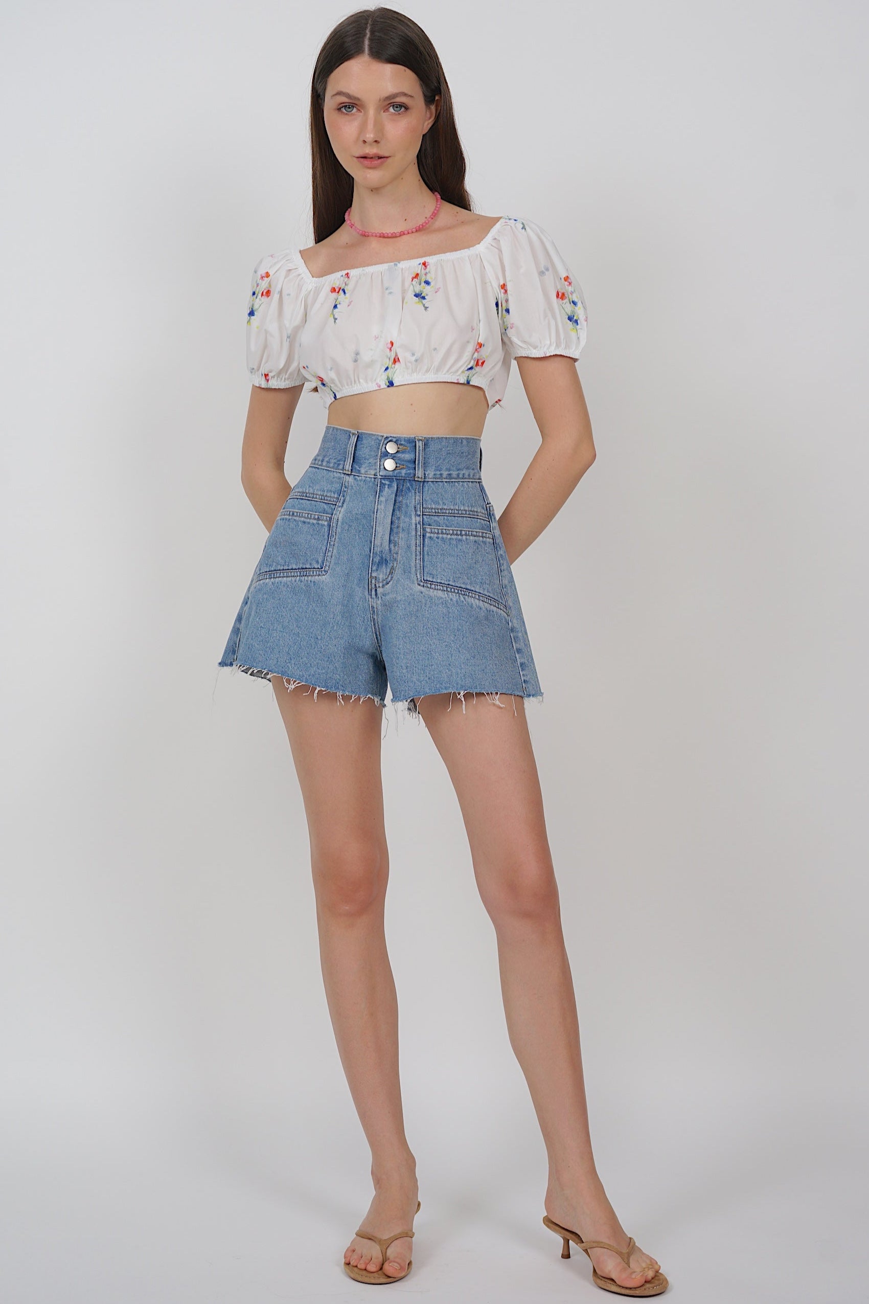High-Waist Double Button Shorts in Washed Blue
