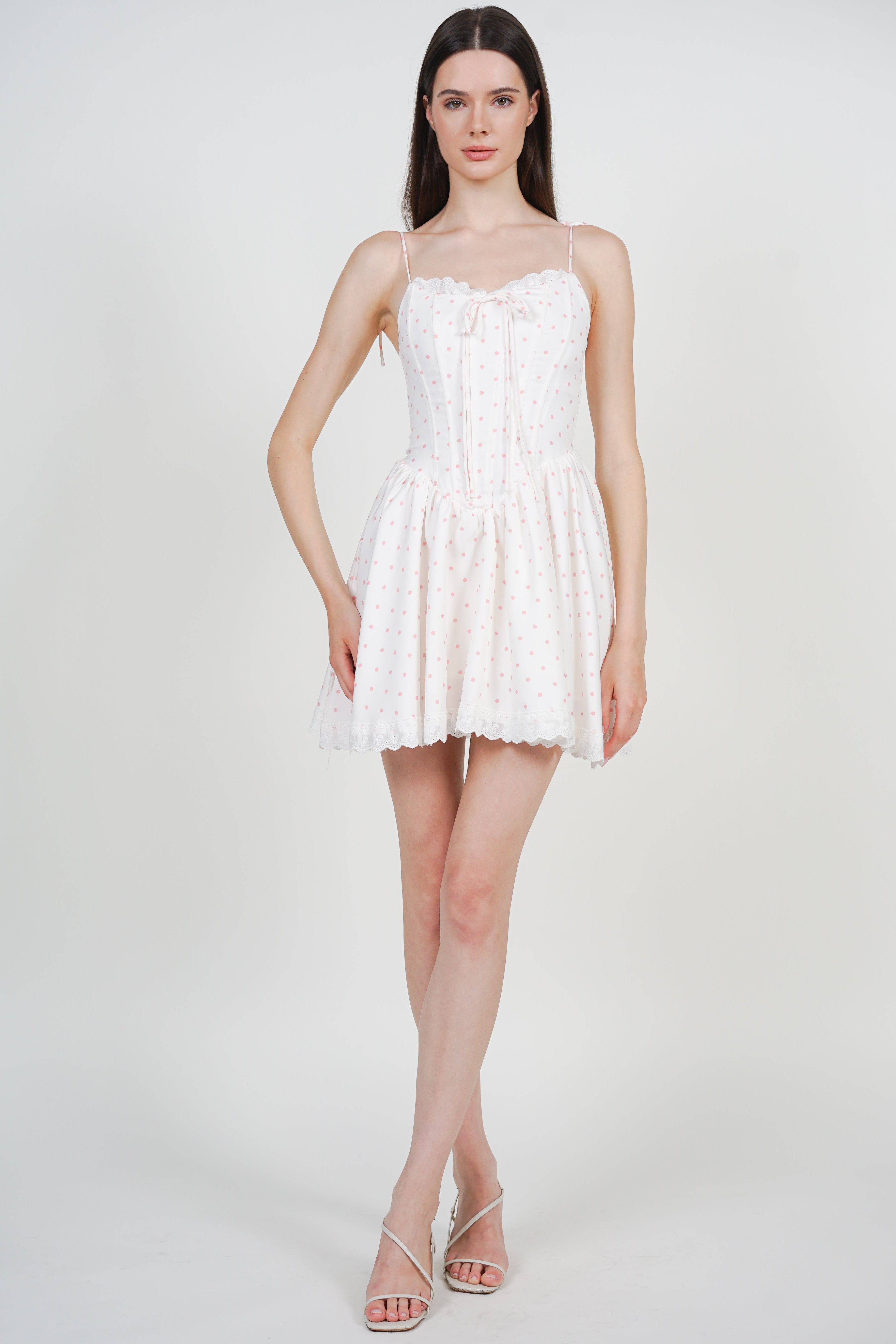 Tie-Up Strap Mini Dress in White Polka Dots