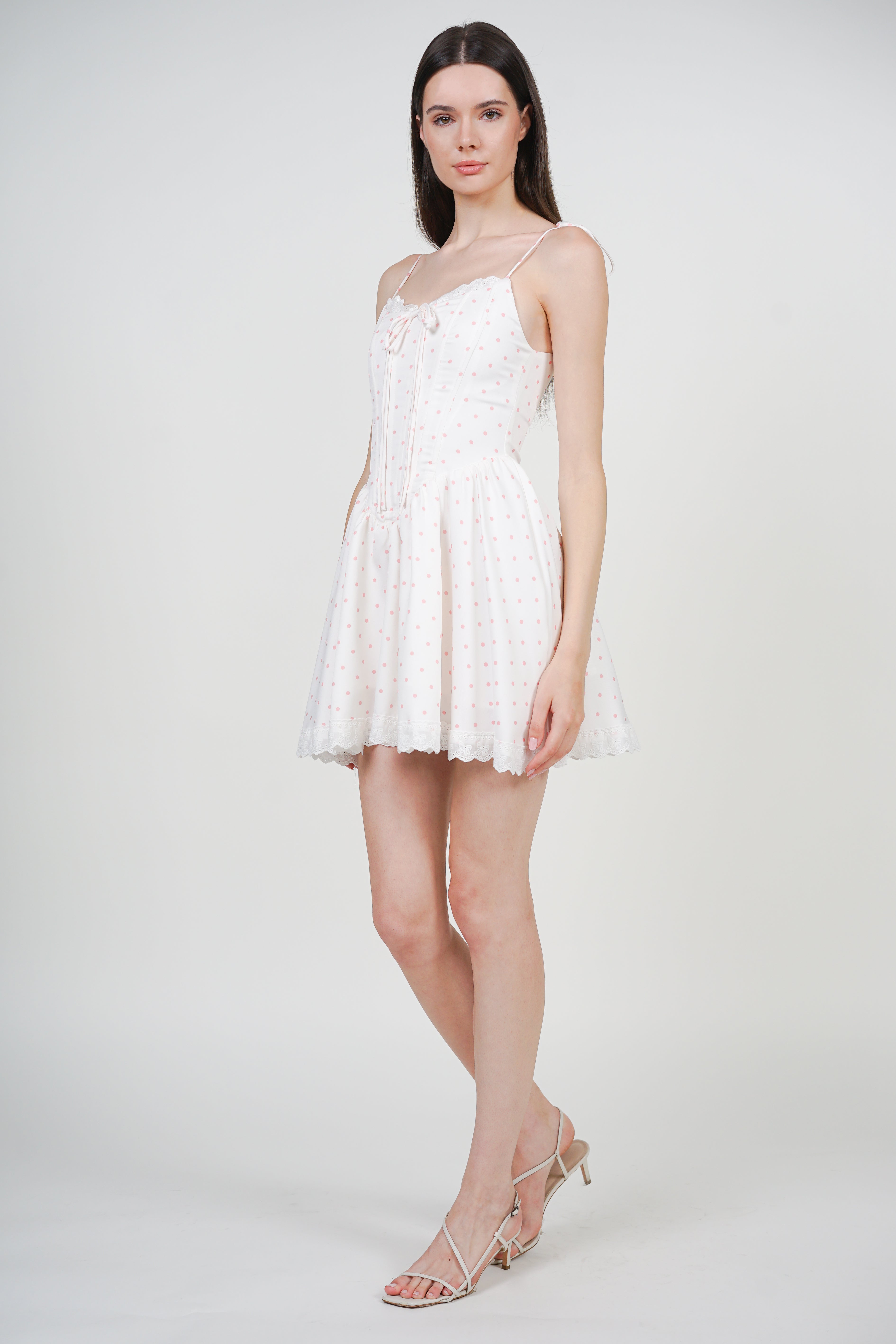 Tie-Up Strap Mini Dress in White Polka Dots