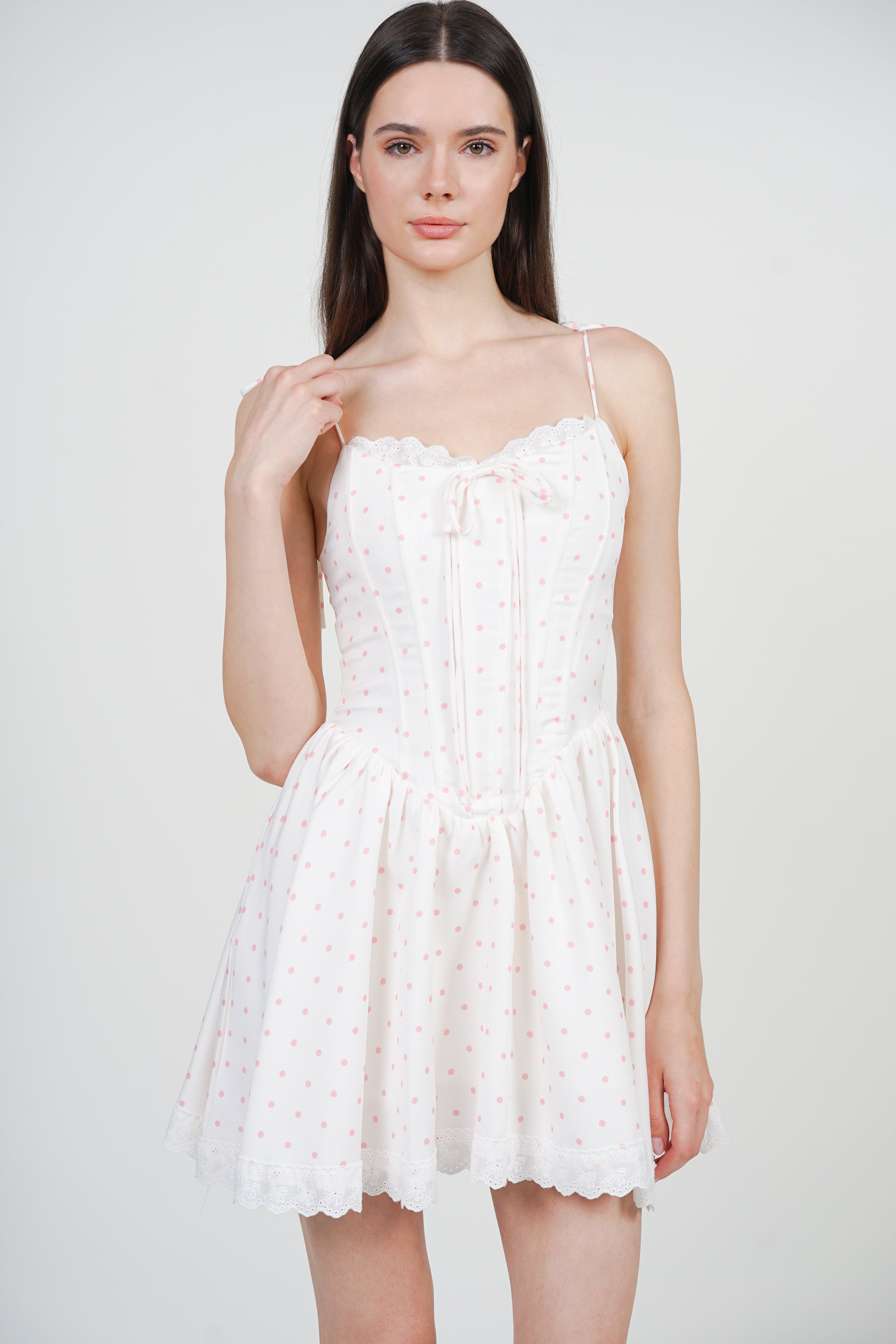 Tie-Up Strap Mini Dress in White Polka Dots