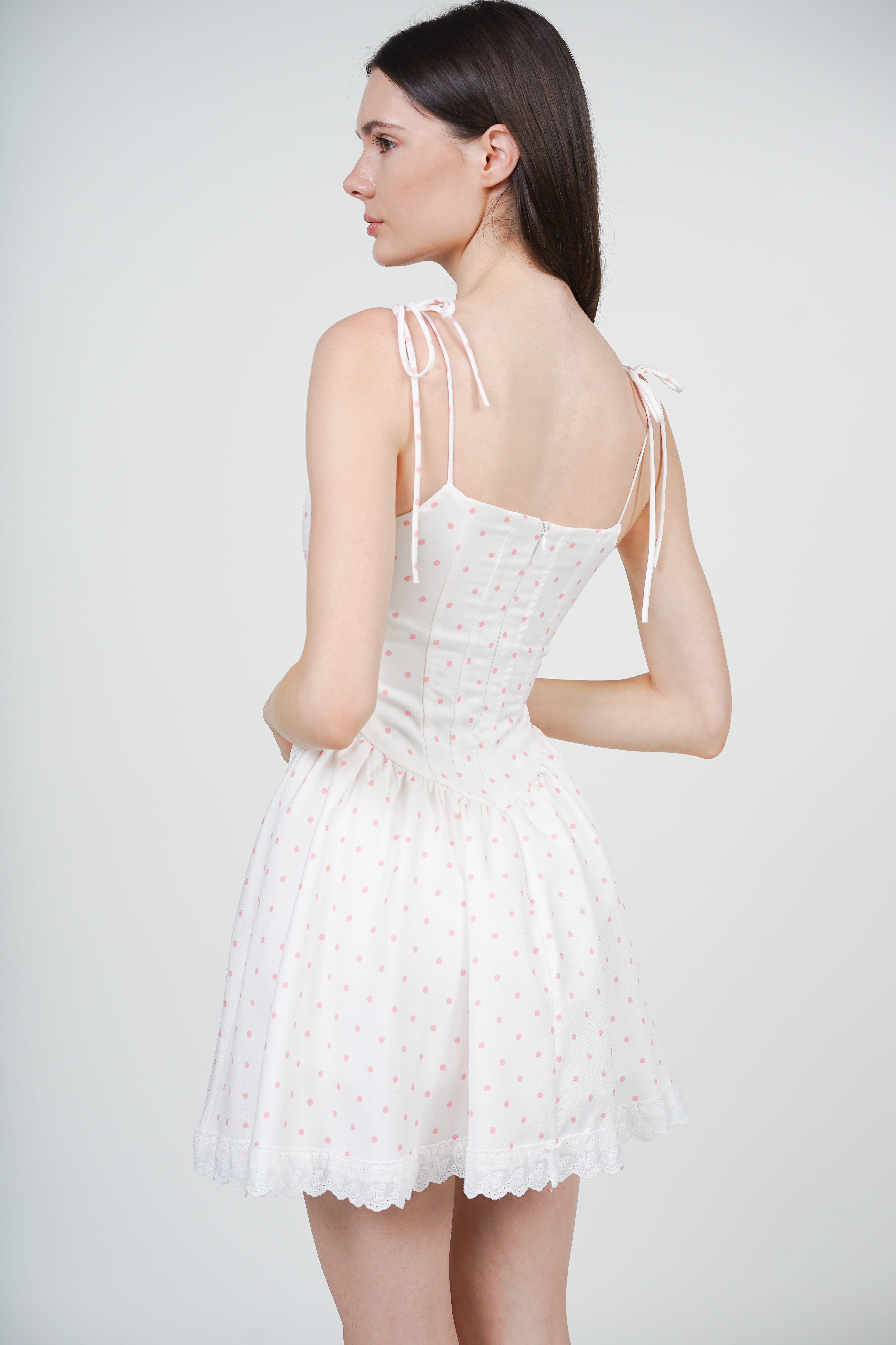 Tie-Up Strap Mini Dress in White Polka Dots