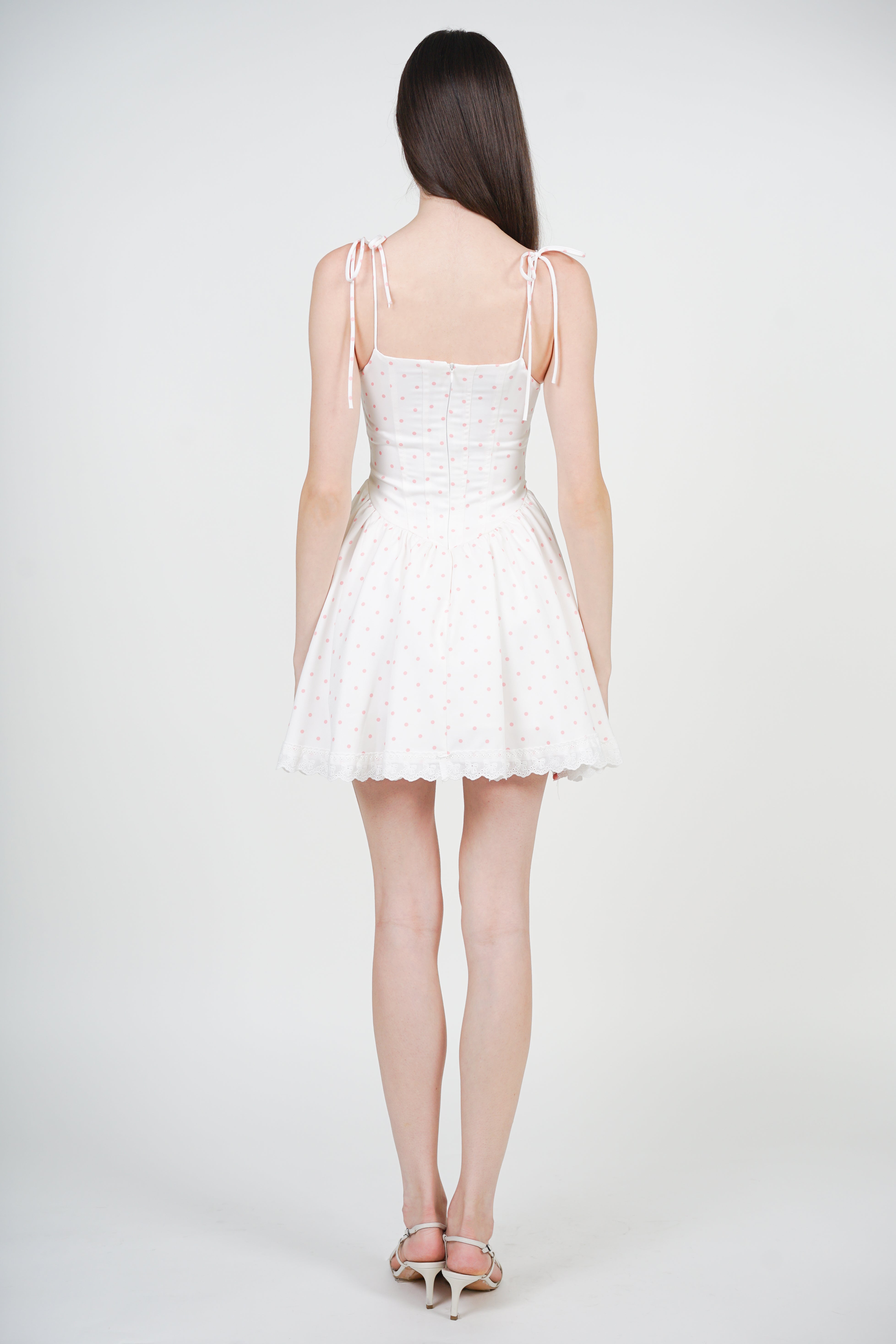 Tie-Up Strap Mini Dress in White Polka Dots