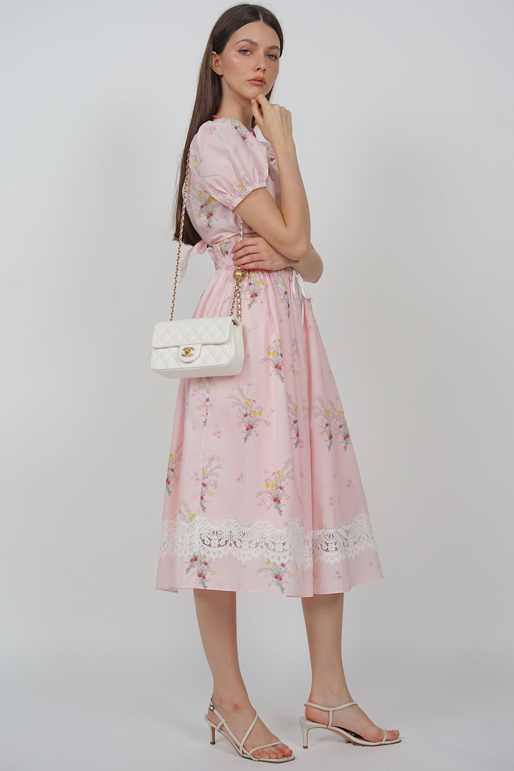 Gathered Elastic Waist Skirt in Pink Floral