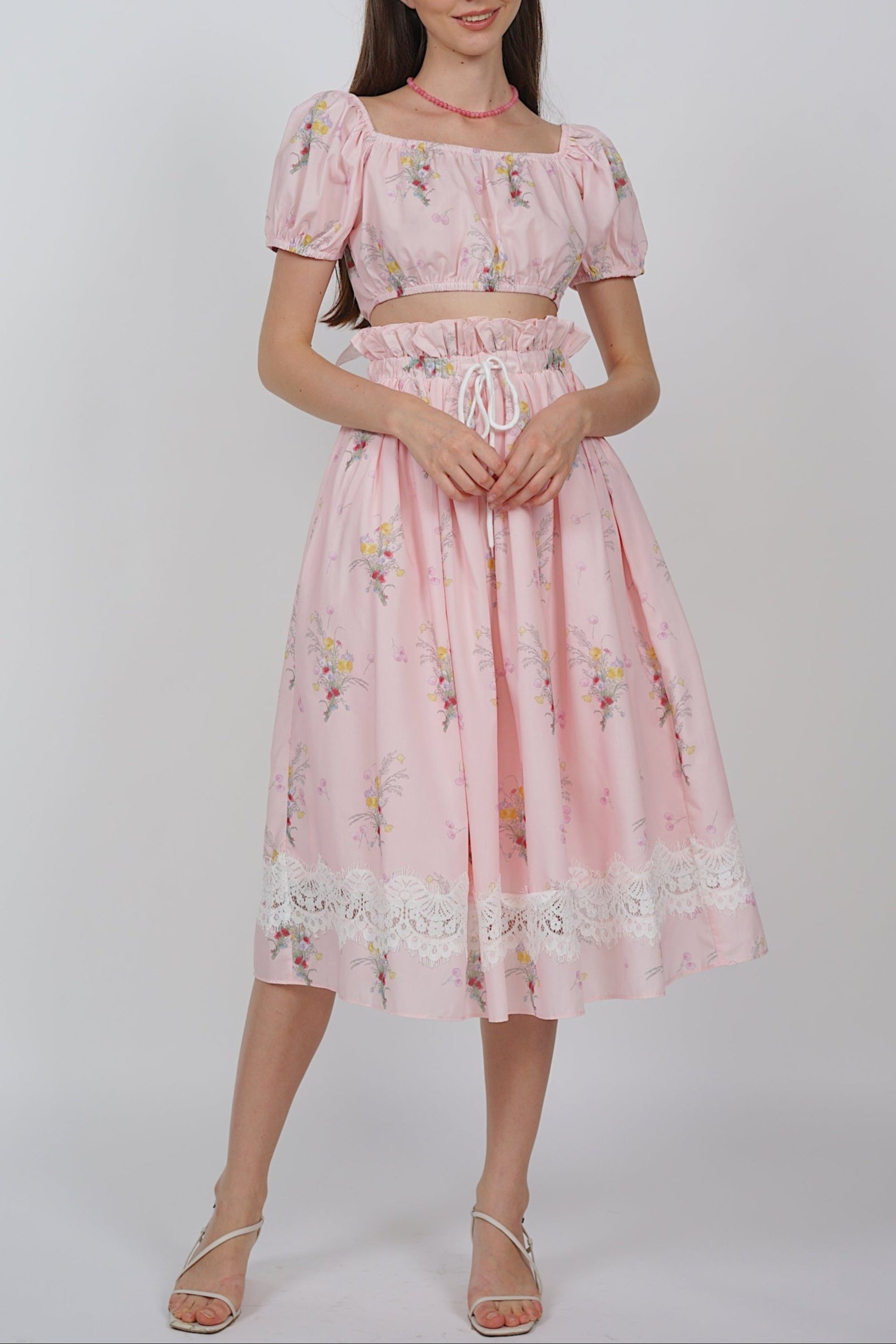 Gathered Elastic Waist Skirt in Pink Floral