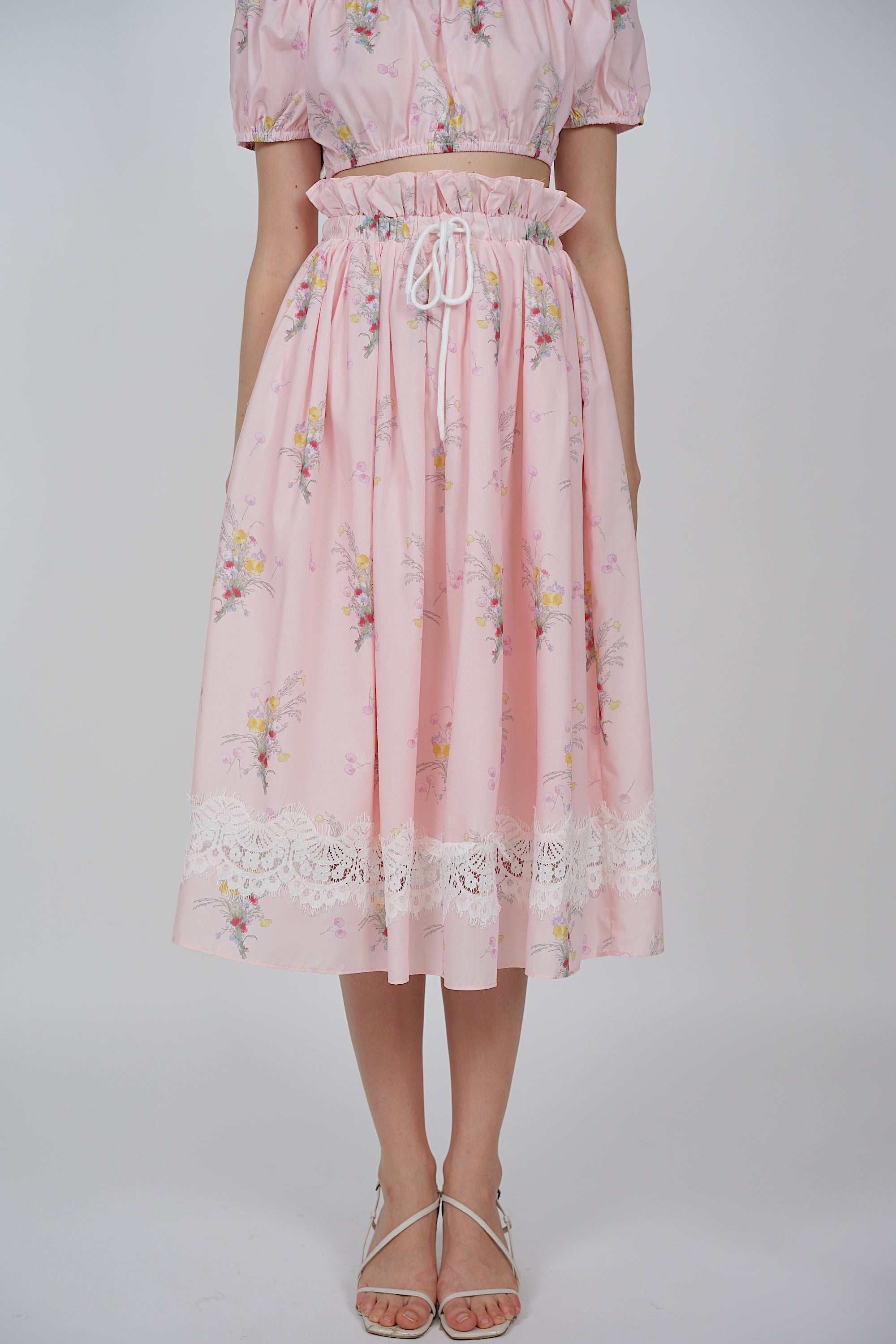 Gathered Elastic Waist Skirt in Pink Floral