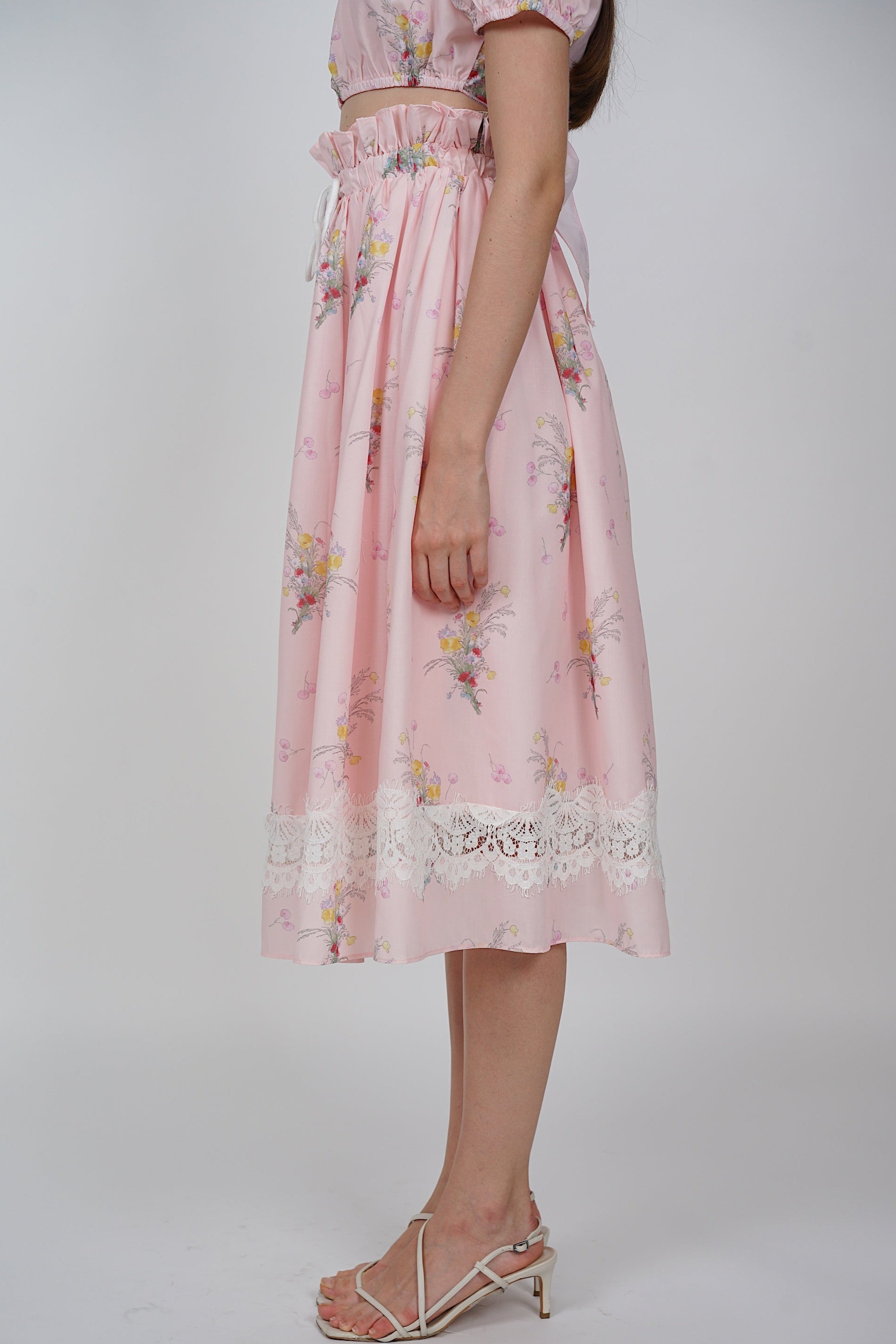 Gathered Elastic Waist Skirt in Pink Floral