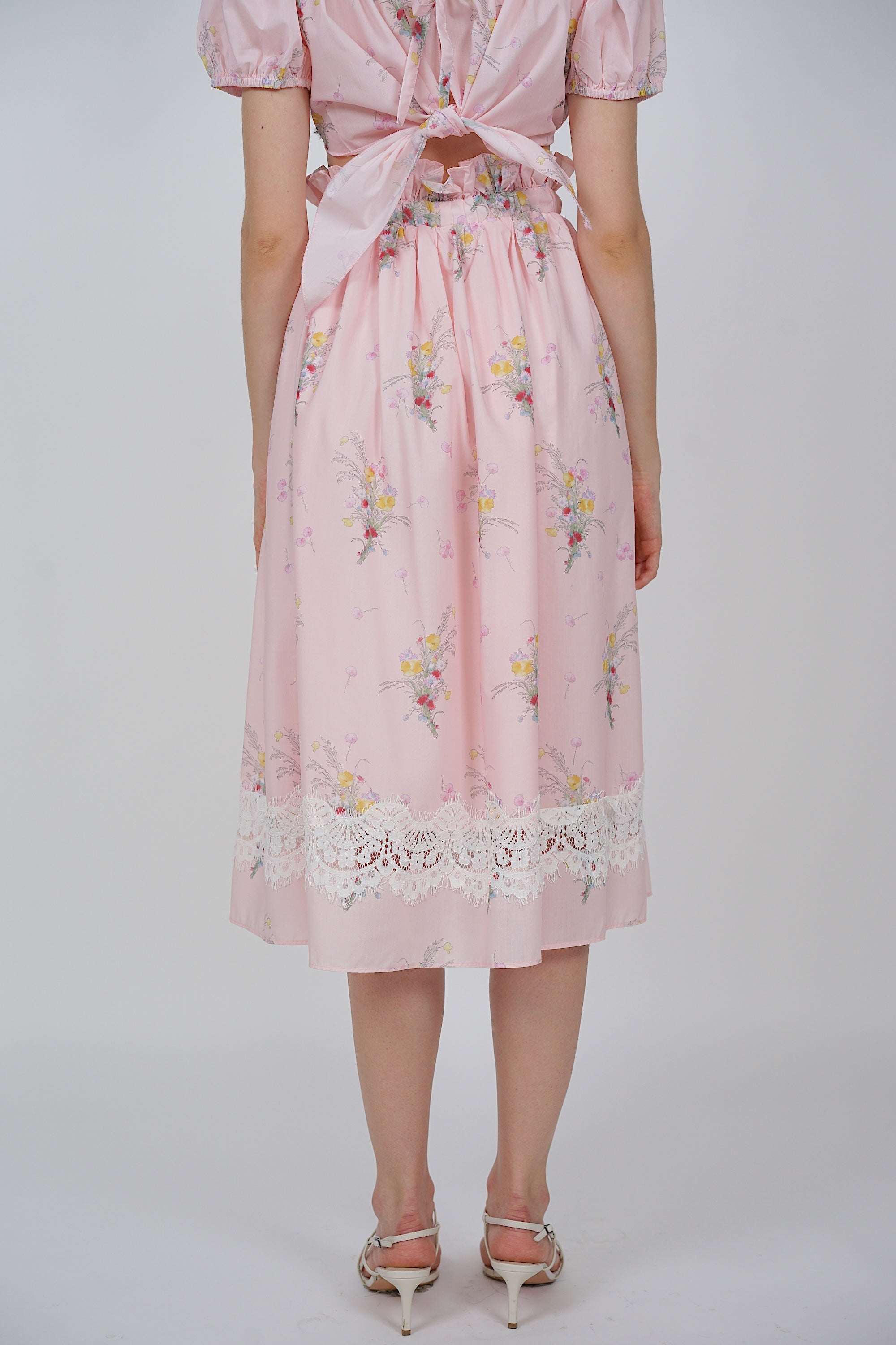 Gathered Elastic Waist Skirt in Pink Floral