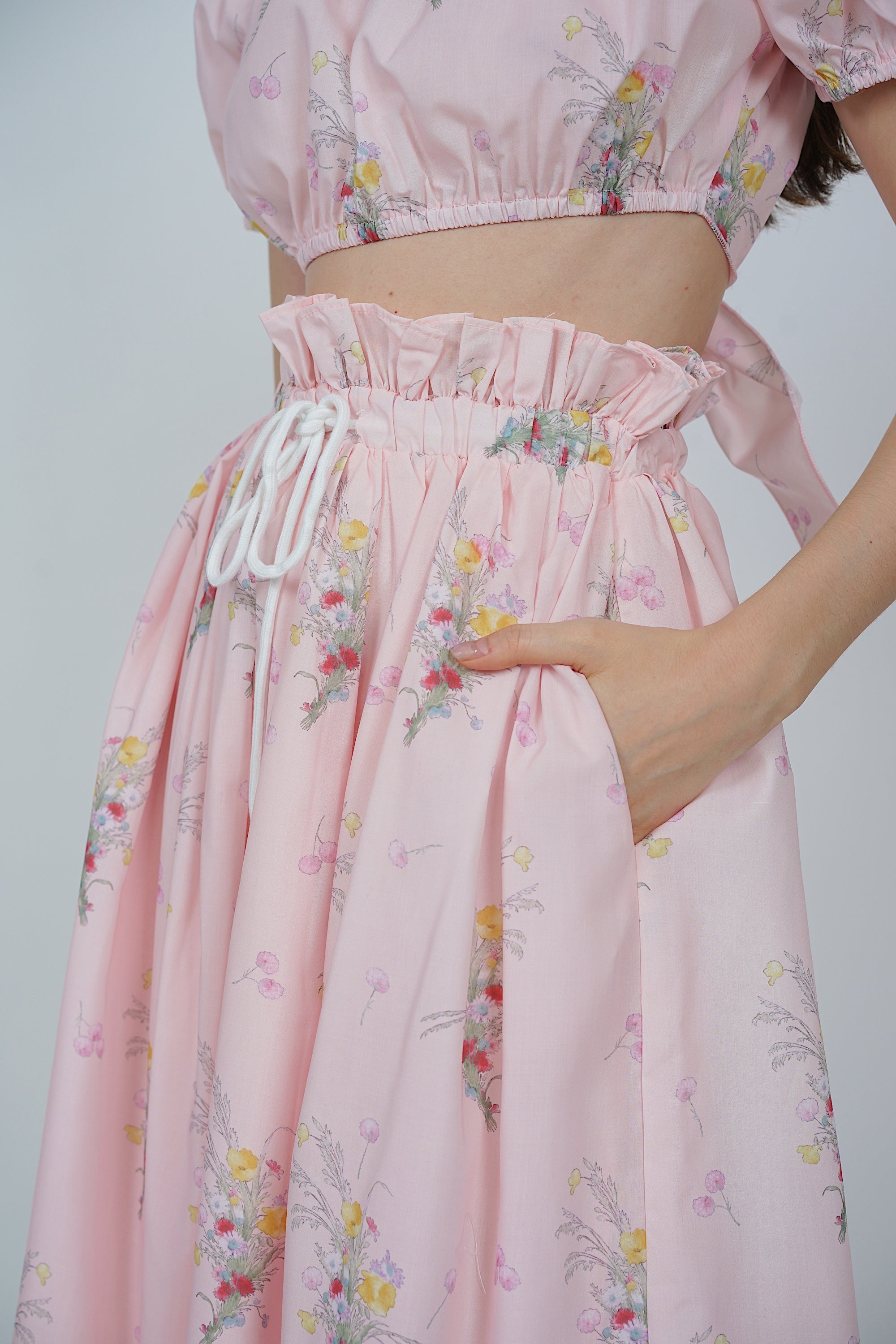 Gathered Elastic Waist Skirt in Pink Floral