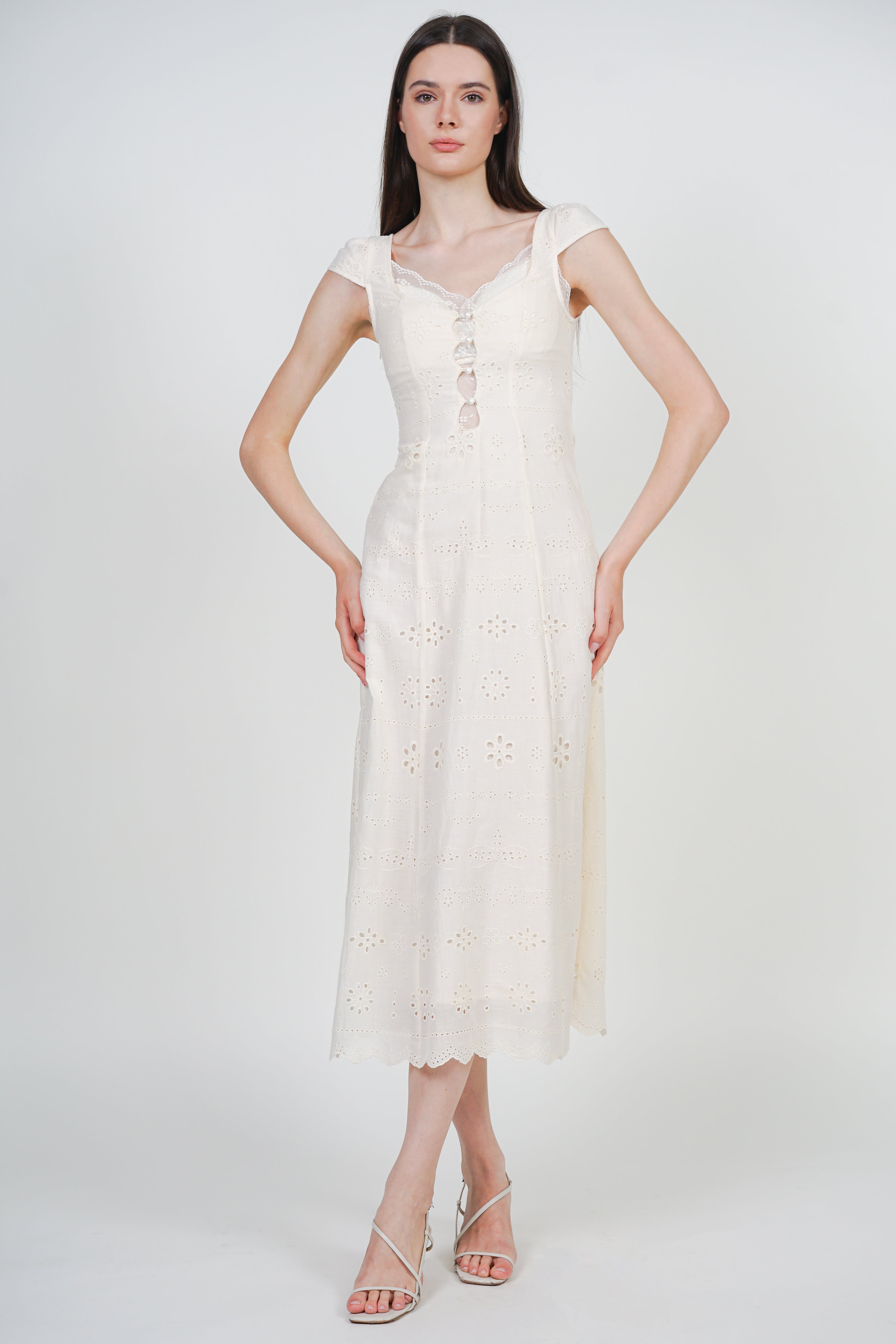 Crochet Lace A-line Long Dress in Cream White