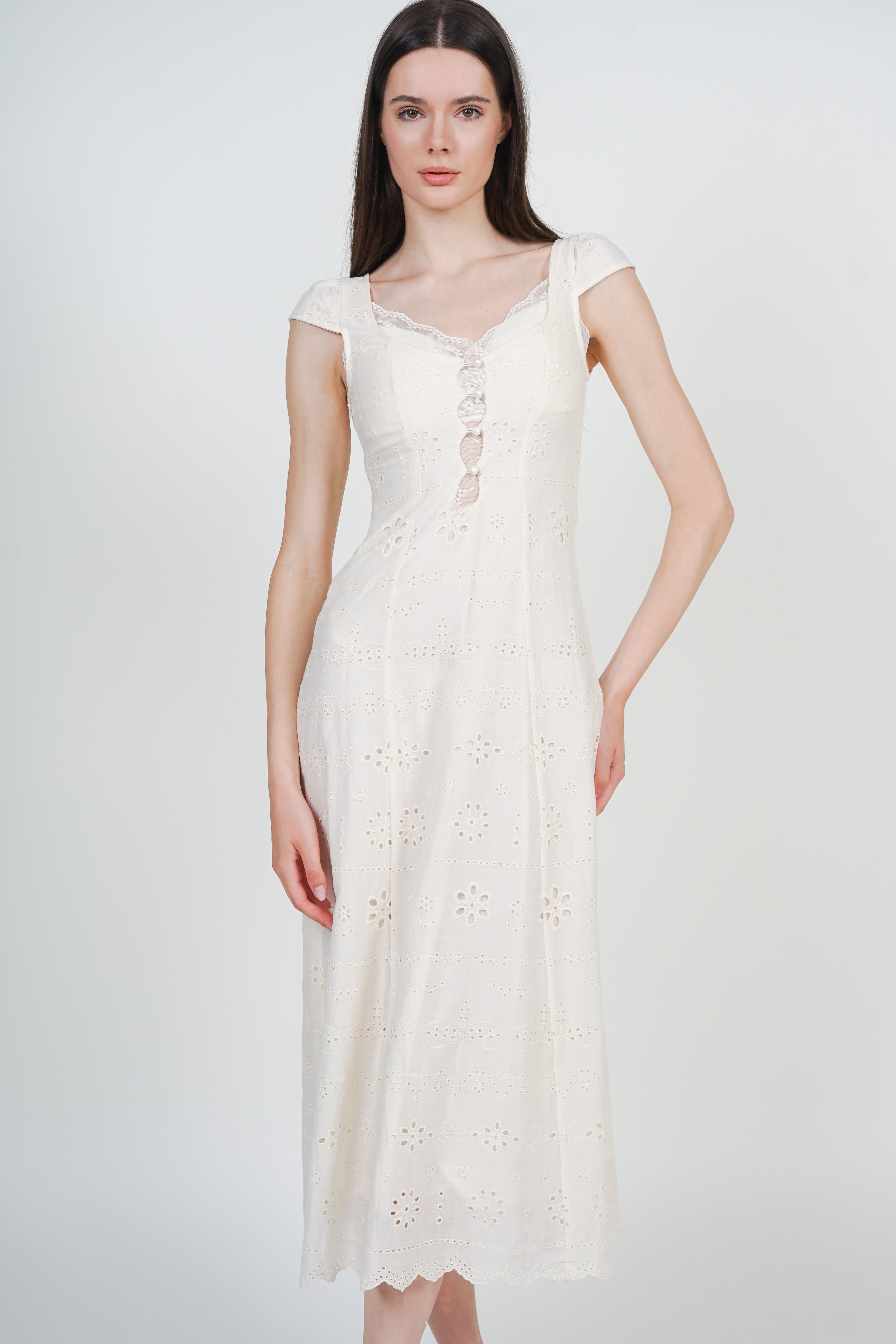 Crochet Lace A-line Long Dress in Cream White