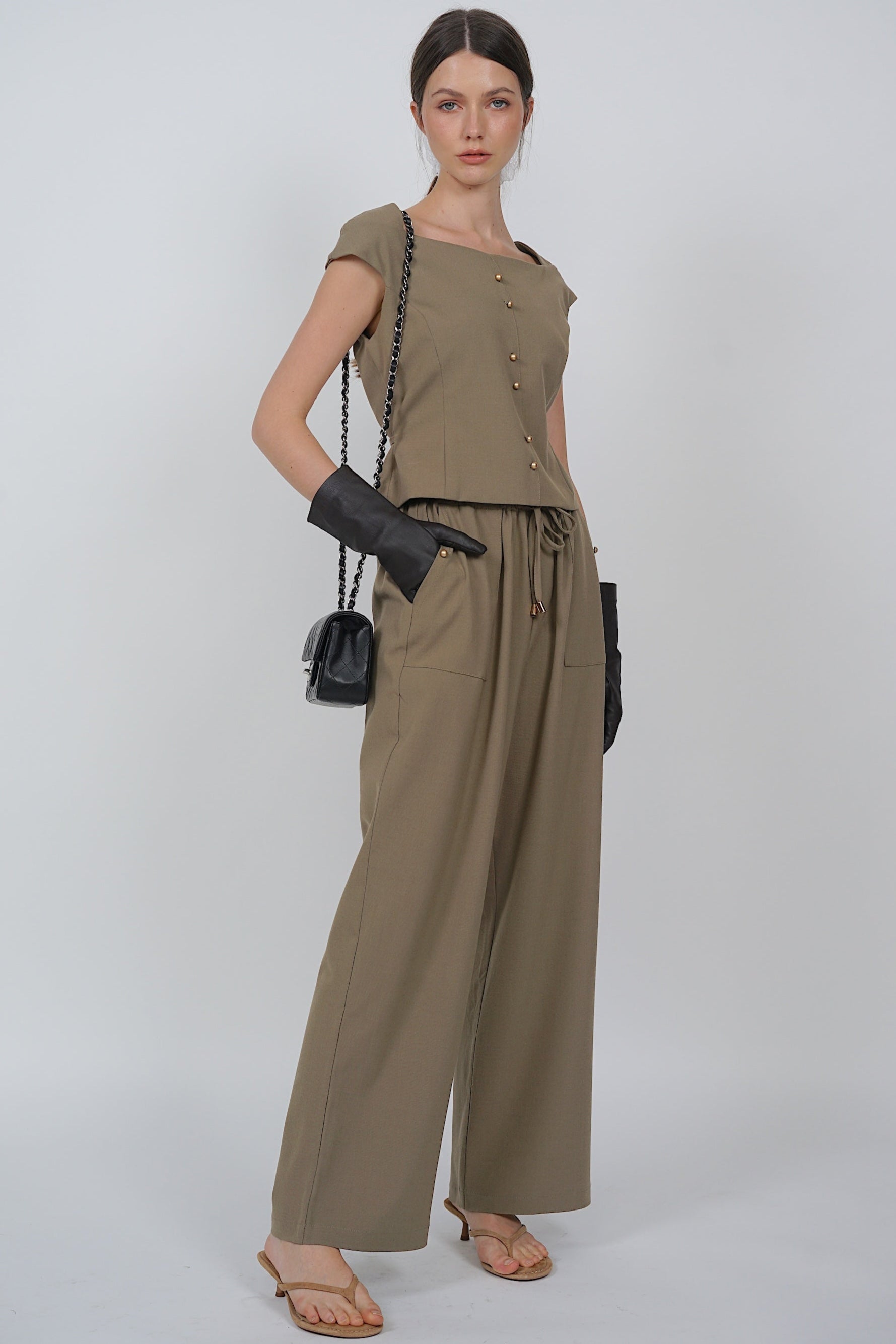 Drawstring Flare Hem Pants in Khaki